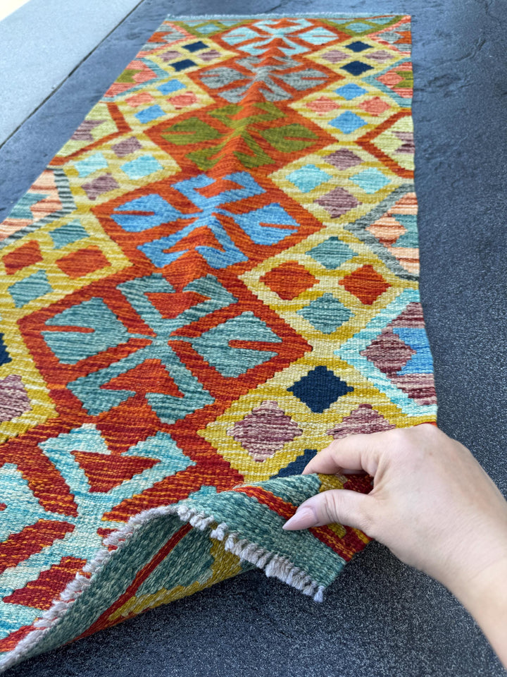 2x5 Handmade Afghan Kilim Runner Rug | Burnt Orange Mustard Yellow Teal Denim Midnight Blue Aqua Chocolate Brown Grey | Wool Flatwoven