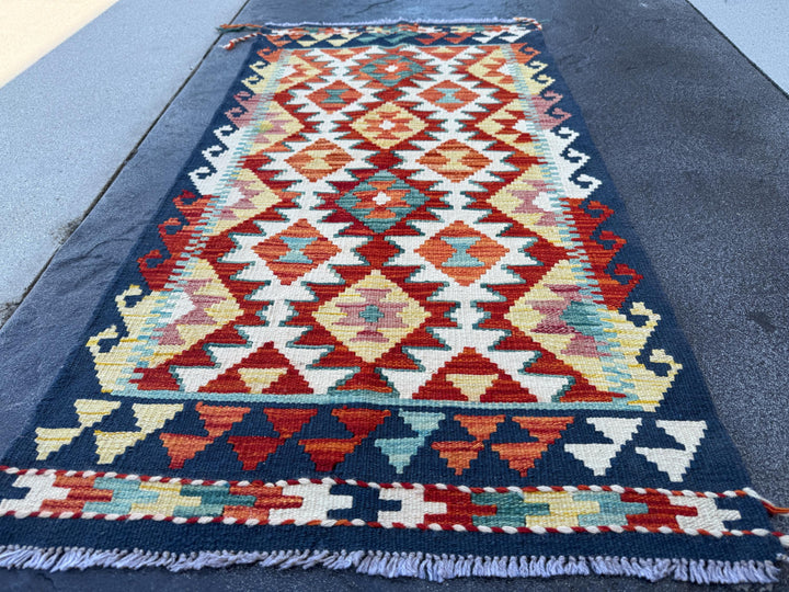2x5 Handmade Afghan Kilim Runner Rug | Cream White Rust Orange Yellow Red Teal Midnight Blue | Wool Flatwoven