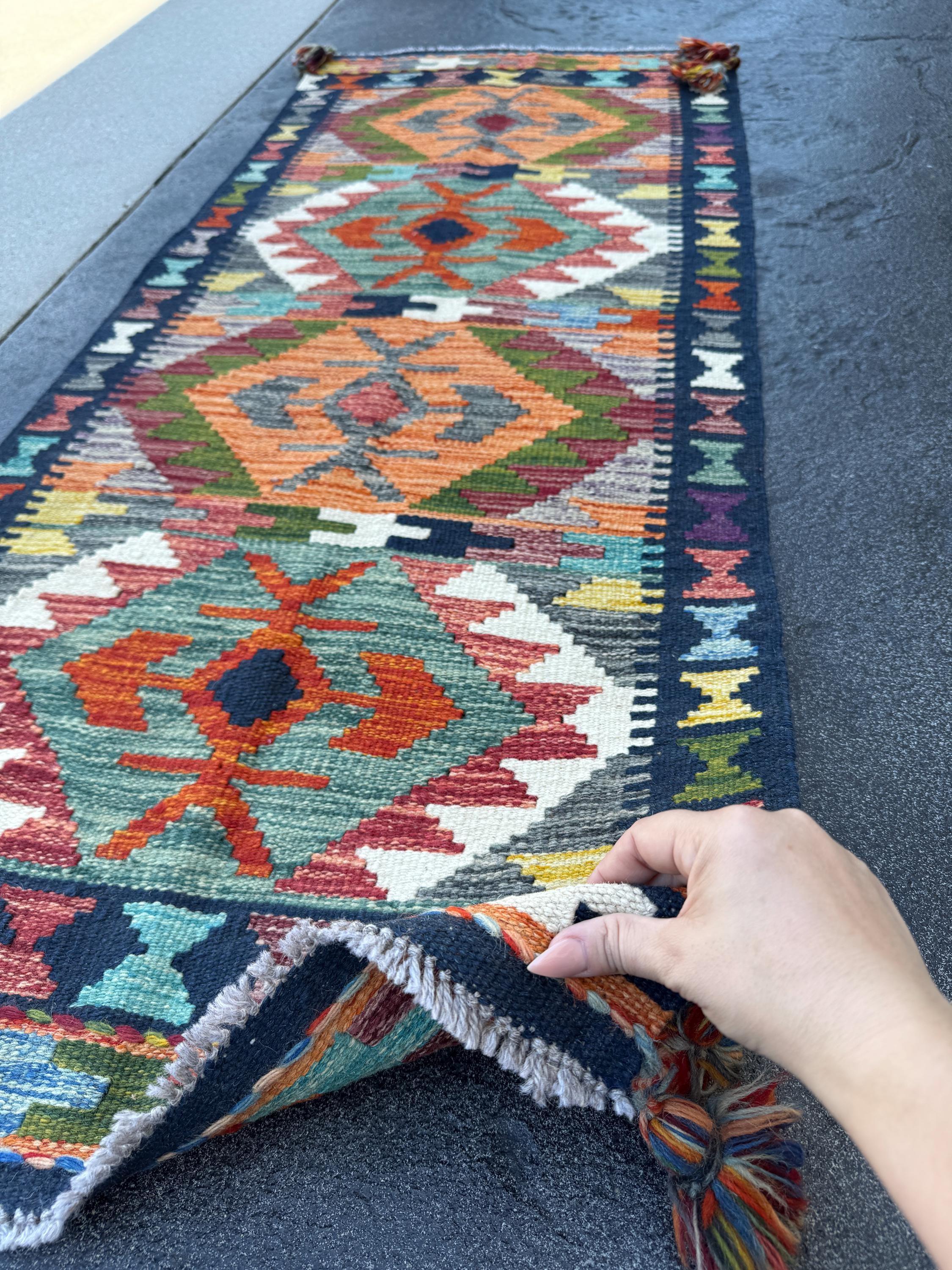 2x5 Handmade Afghan Kilim Runner Rug | Midnight Denim Blue Forest Moss Green Teal Brick Red Grey Cream White Black Yellow Peach Orange