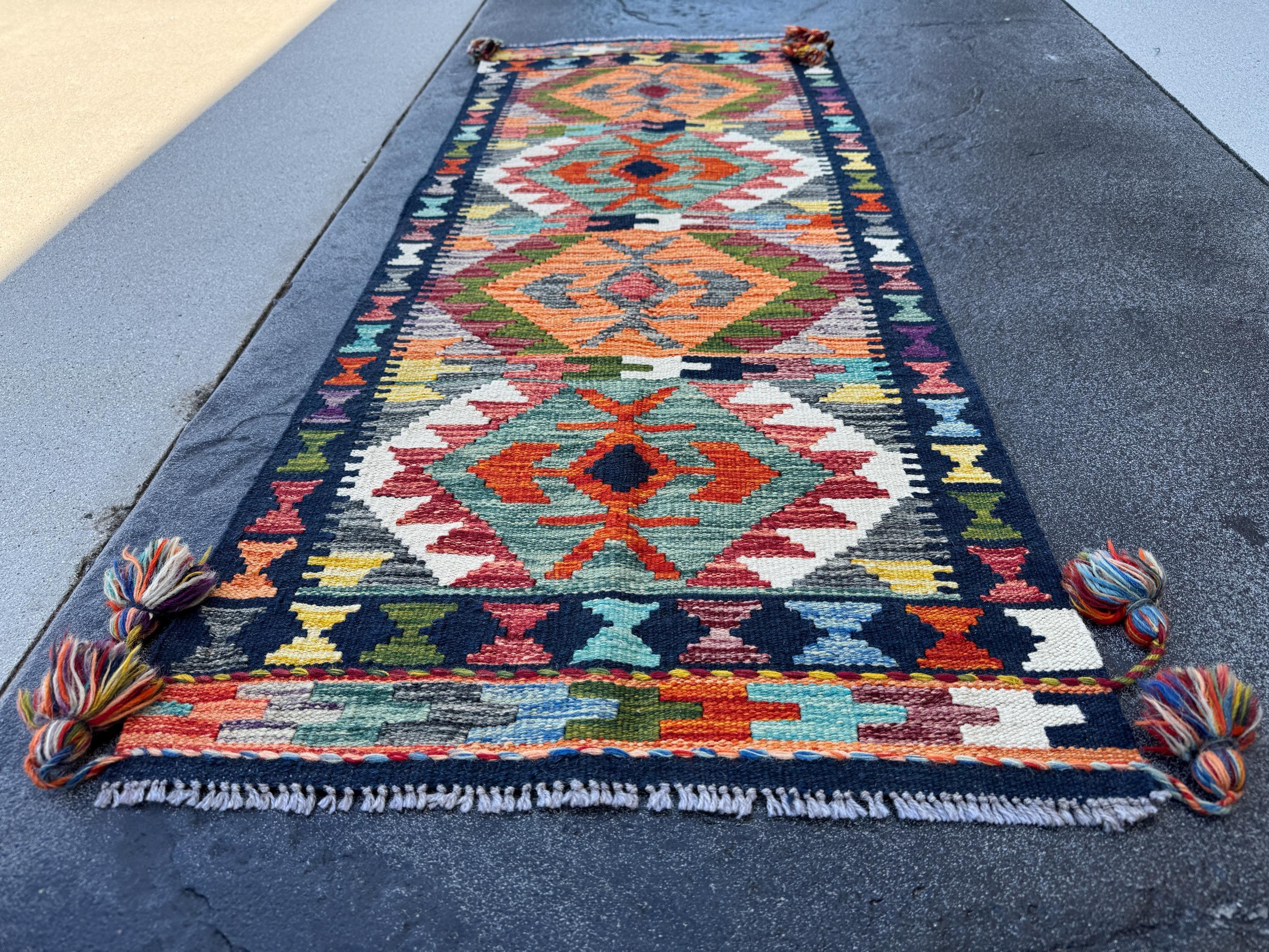 2x5 Handmade Afghan Kilim Runner Rug | Midnight Denim Blue Forest Moss Green Teal Brick Red Grey Cream White Black Yellow Peach Orange