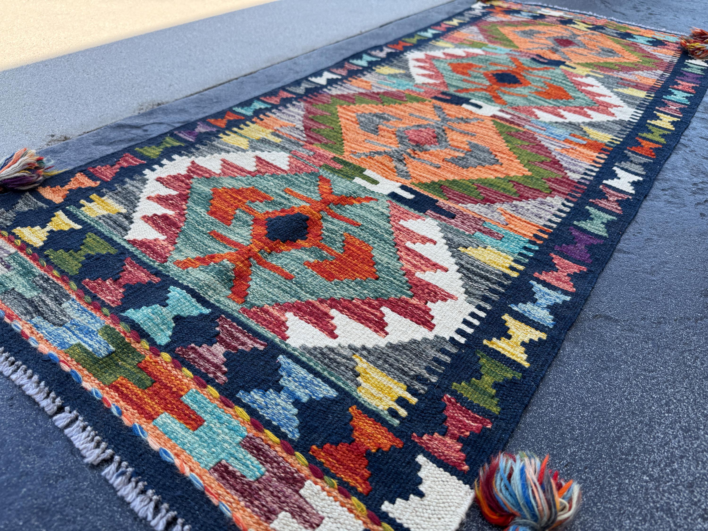 2x5 Handmade Afghan Kilim Runner Rug | Midnight Denim Blue Forest Moss Green Teal Brick Red Grey Cream White Black Yellow Peach Orange