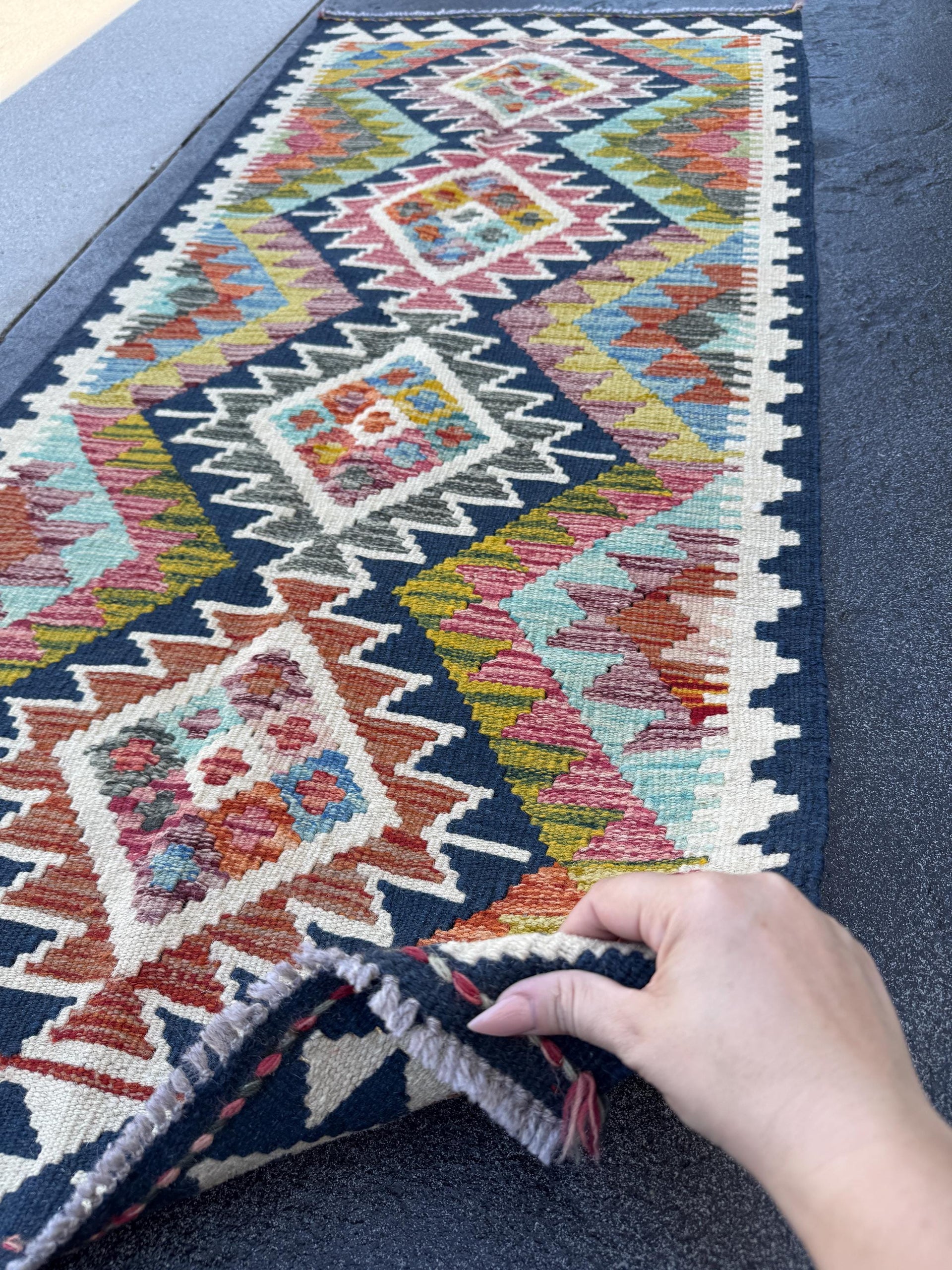 2x5 Handmade Afghan Kilim Runner Rug | Midnight Blue Olive Moss Green Teal Aqua Red Charcoal Grey Cream White Gold Denim | Wool Flatwoven