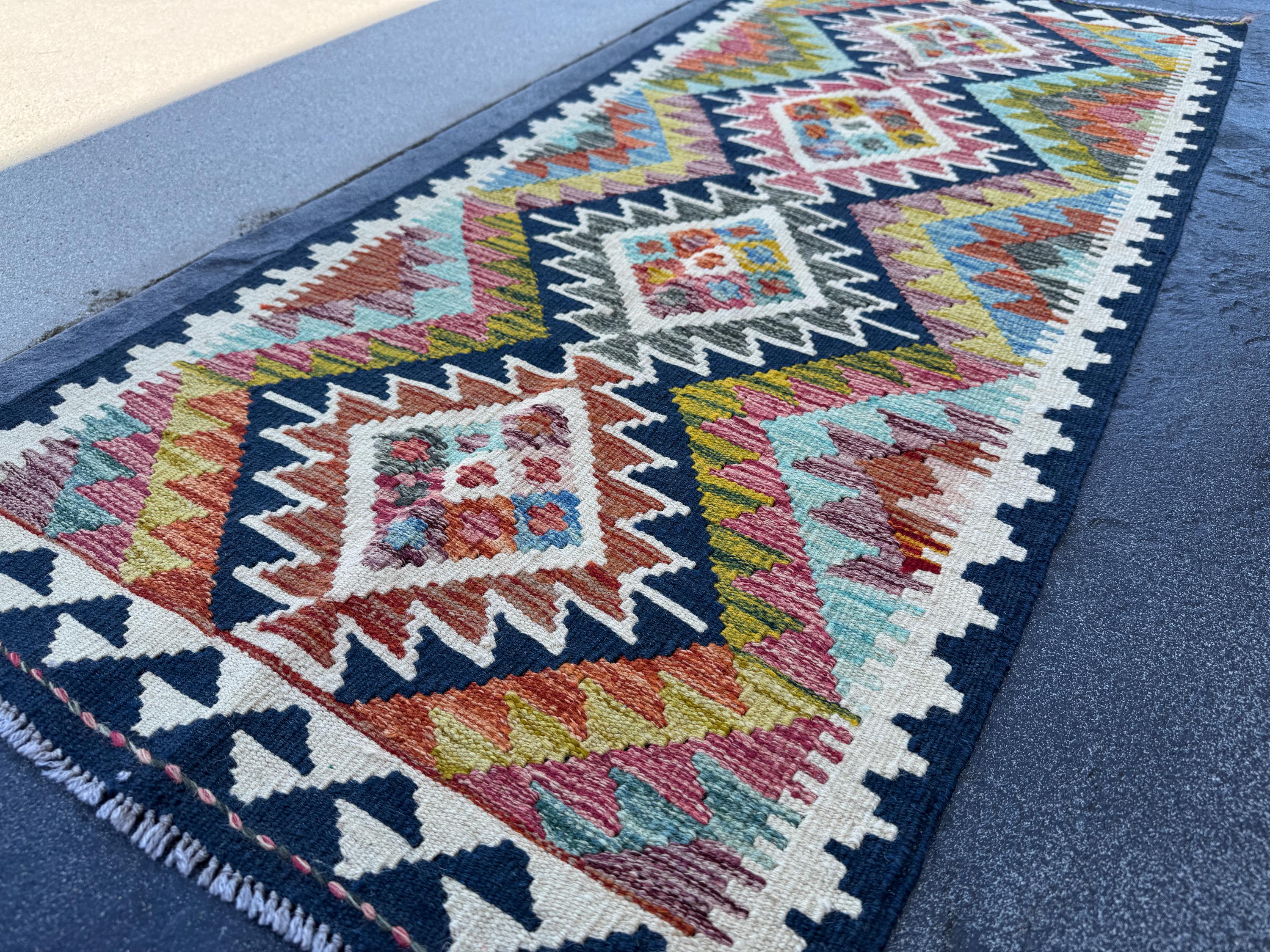 2x5 Handmade Afghan Kilim Runner Rug | Midnight Blue Olive Moss Green Teal Aqua Red Charcoal Grey Cream White Gold Denim | Wool Flatwoven