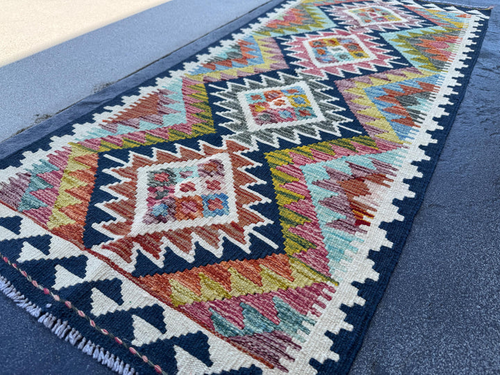 2x5 Handmade Afghan Kilim Runner Rug | Midnight Blue Olive Moss Green Teal Aqua Red Charcoal Grey Cream White Gold Denim | Wool Flatwoven