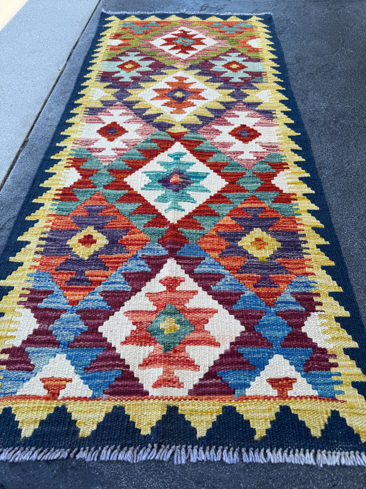 2x5 Handmade Afghan Kilim Runner Rug | Midnight Denim Royal Aqua Blue Teal Cream White Rust Burnt Orange Maroon Yellow Purple | Wool