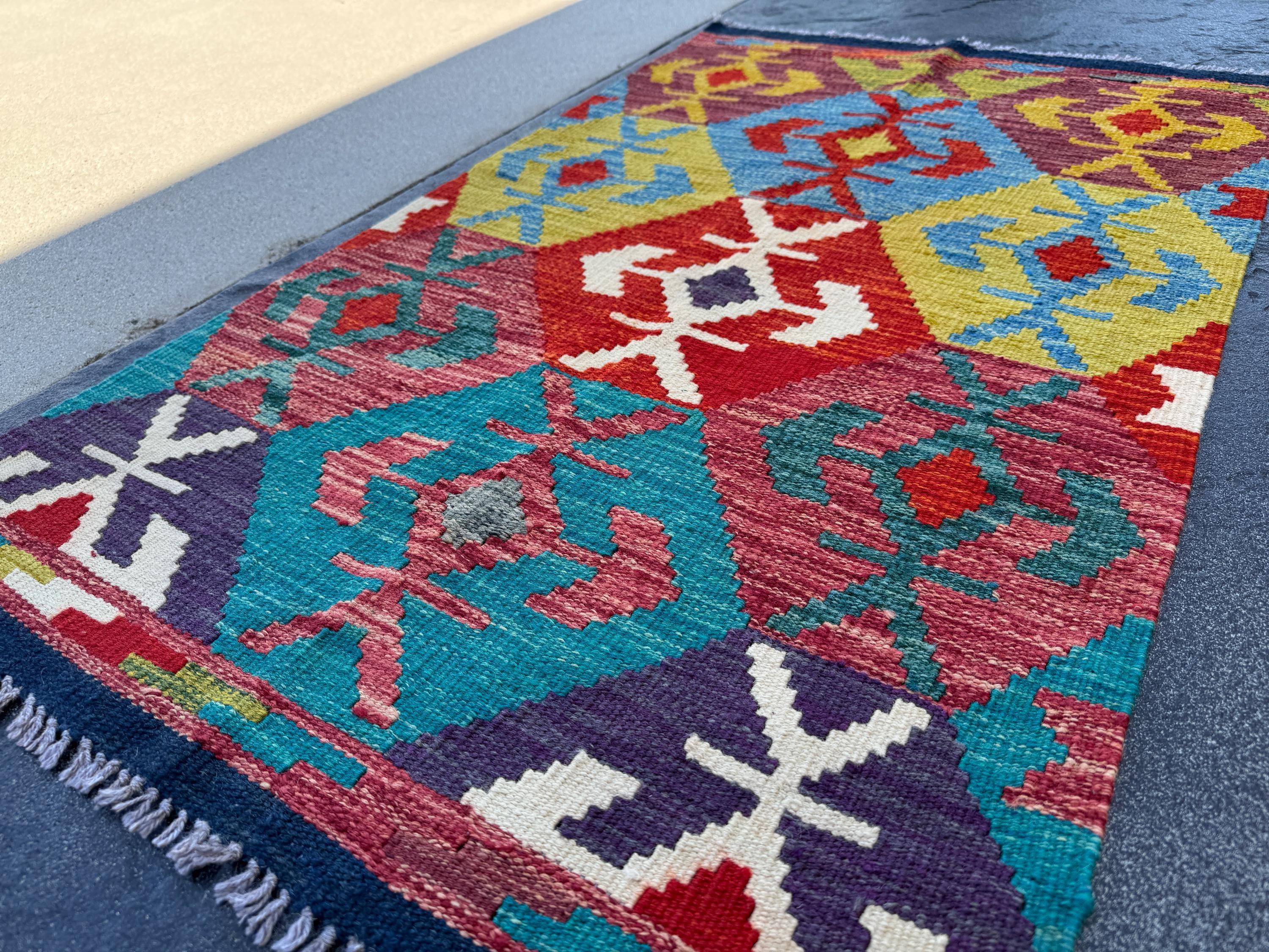 3x4 Handmade Afghan Kilim Rug | Teal Turquoise Eggplant Purple Cream White Brick Auburn Rose Scarlet Red Olive Green Denim Navy Blue | Wool