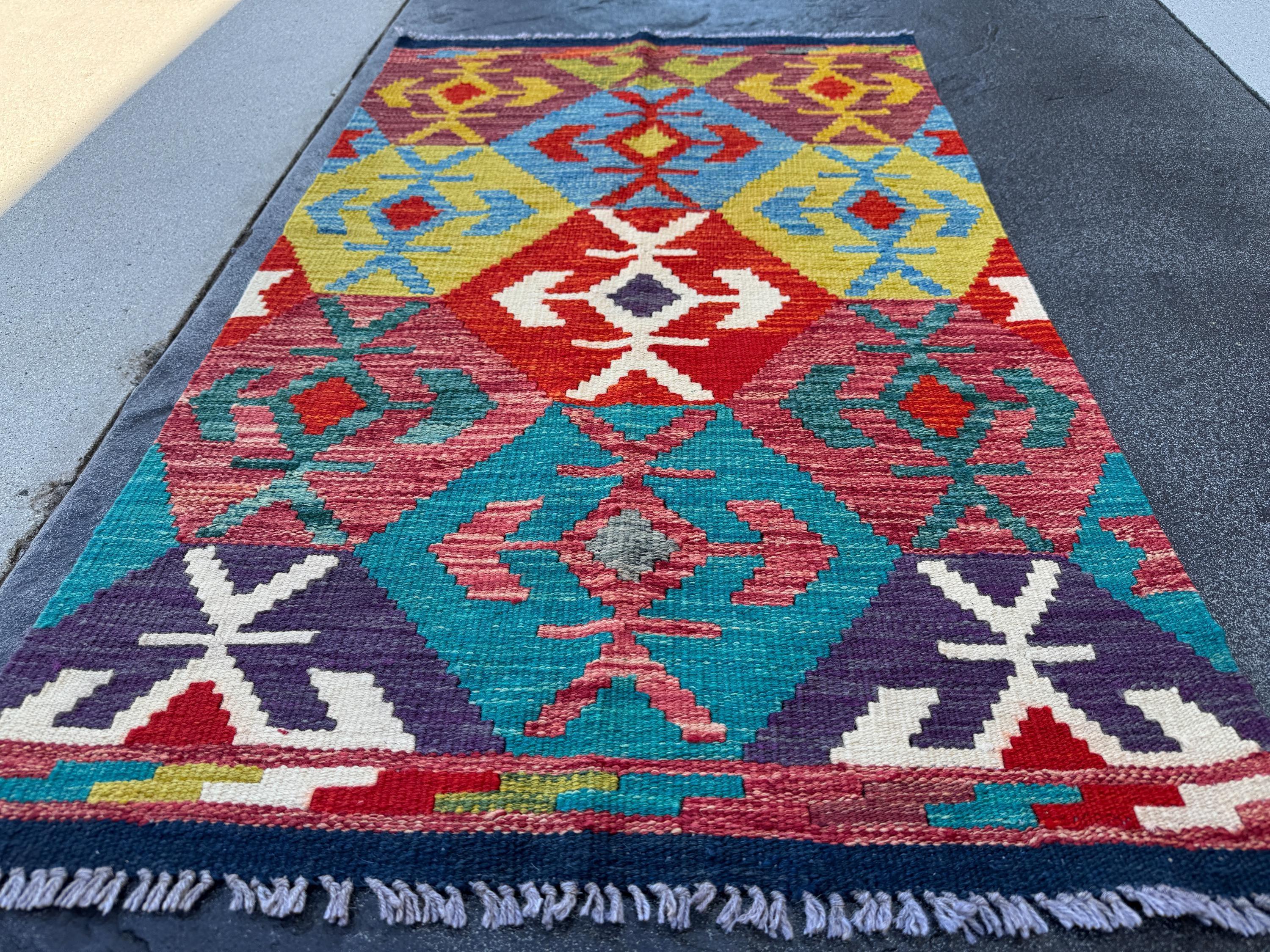 3x4 Handmade Afghan Kilim Rug | Teal Turquoise Eggplant Purple Cream White Brick Auburn Rose Scarlet Red Olive Green Denim Navy Blue | Wool