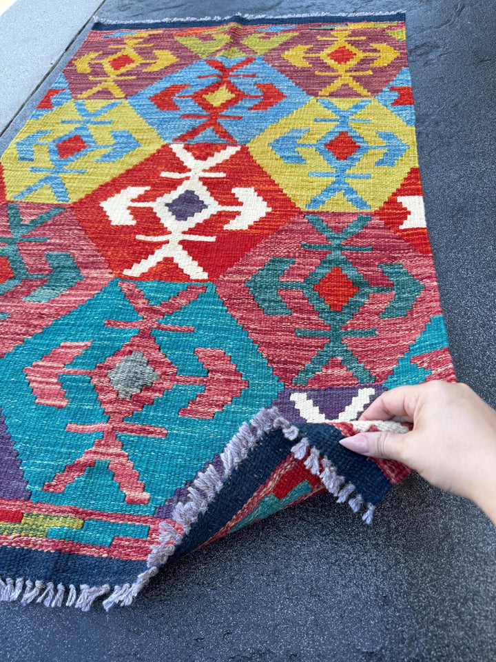 3x4 Handmade Afghan Kilim Rug | Teal Turquoise Eggplant Purple Cream White Brick Auburn Rose Scarlet Red Olive Green Denim Navy Blue | Wool