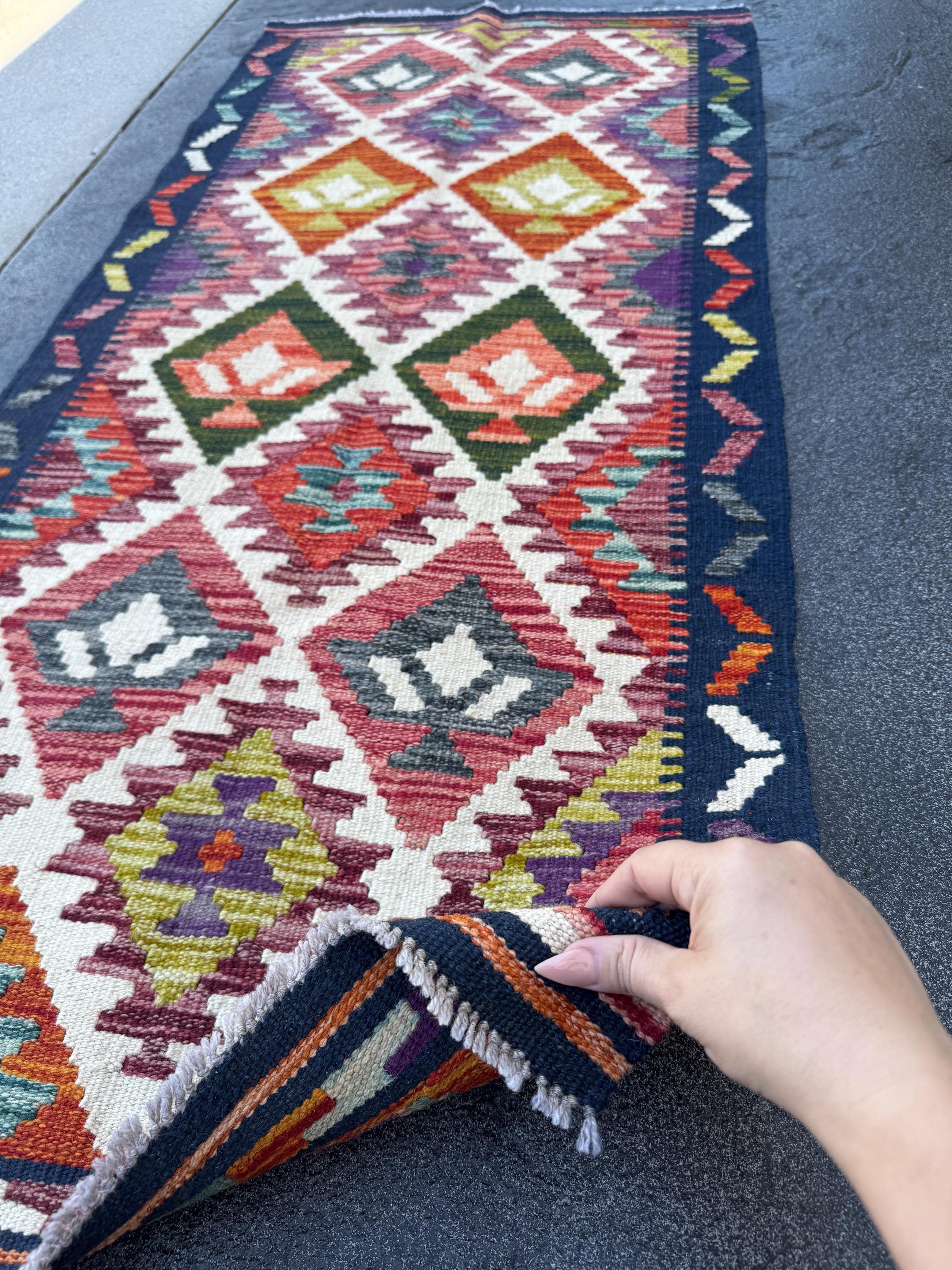 2x5 Handmade Afghan Kilim Runner Rug | Midnight Aqua Prussian Blue Olive Moss Green Teal Brick Red Grey Cream White Black Orange Purple