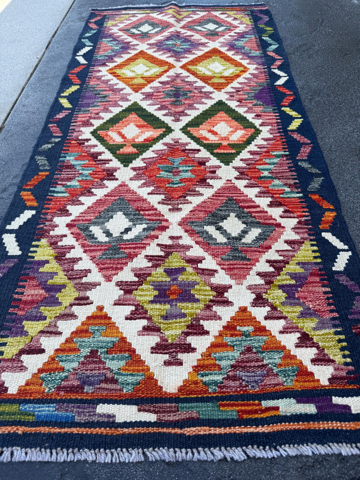 2x5 Handmade Afghan Kilim Runner Rug | Midnight Aqua Prussian Blue Olive Moss Green Teal Brick Red Grey Cream White Black Orange Purple