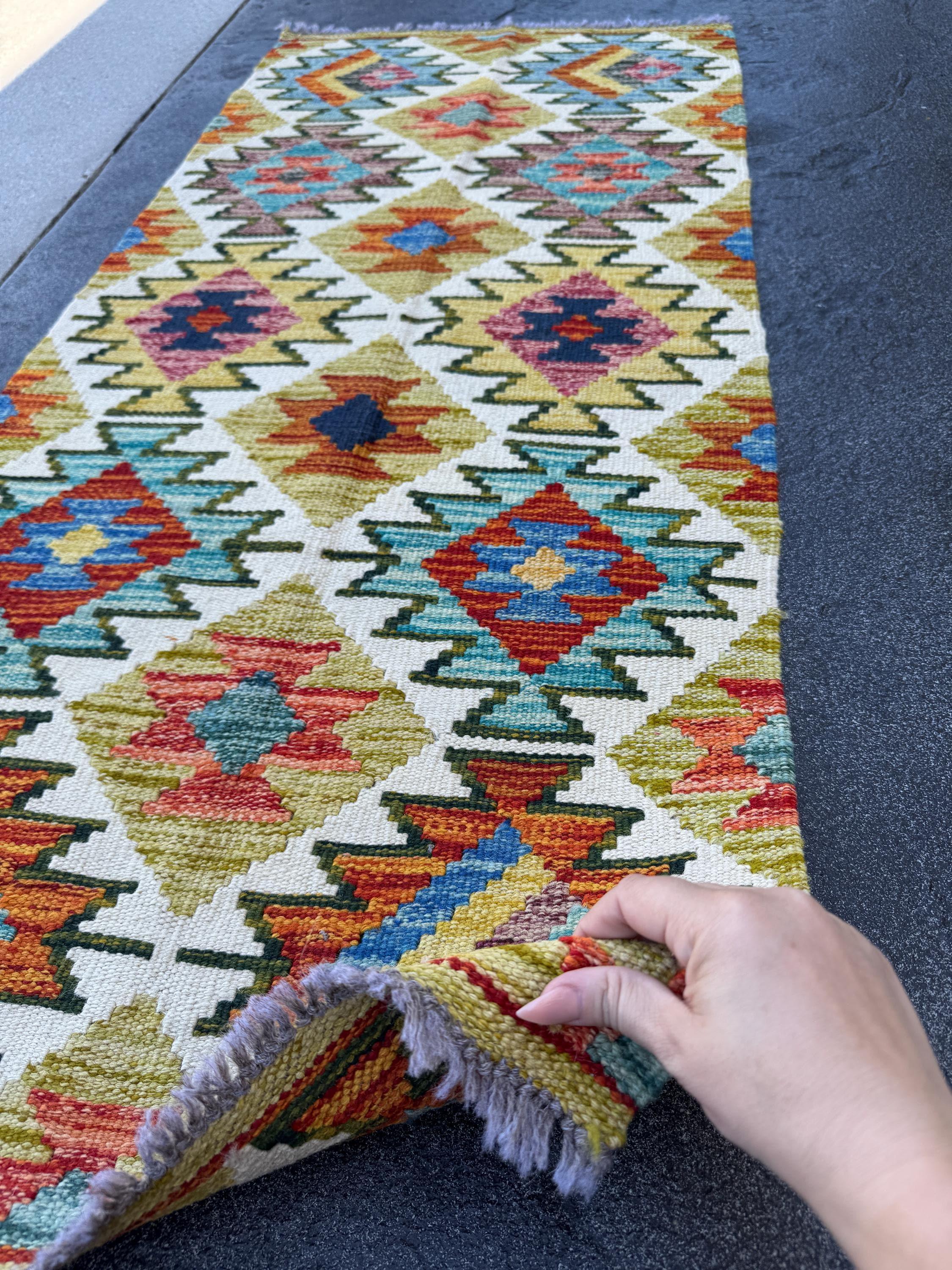 2x5 Handmade Afghan Kilim Runner Rug | Cream White Mustard Yellow Aqua Burnt Orange Rust Red Denim Royal Blue Maroon Moss Green Grey | Wool