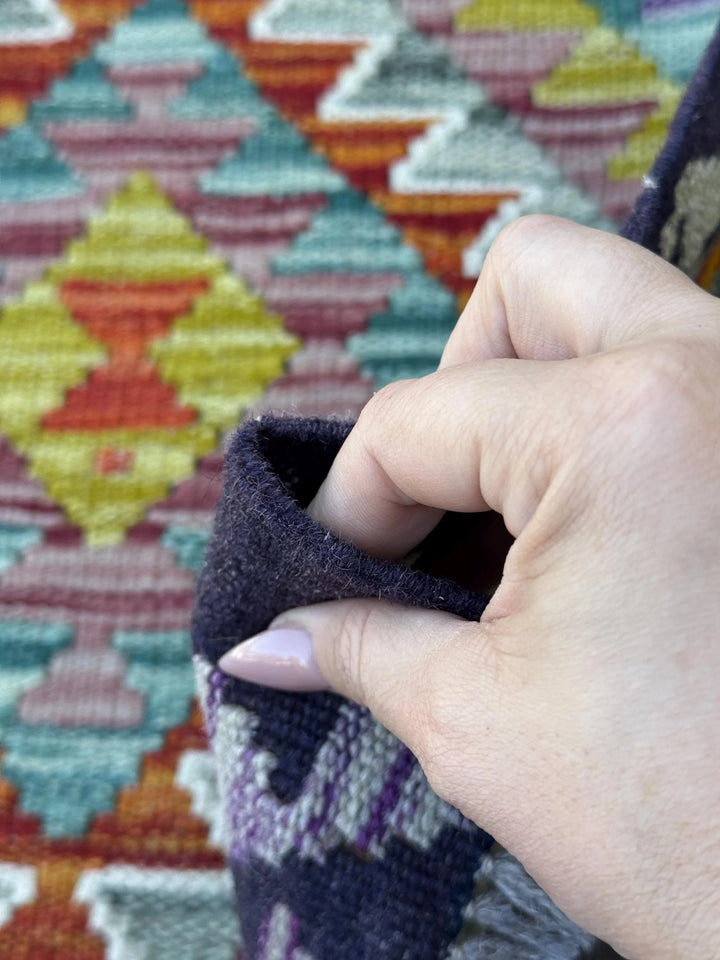 3x3 Handmade Afghan Kilim Rug | Midnight Navy Aqua Baby Blue Chartreuse Green Purple Rust Burnt Orange Crimson Red White Cream Grey | Wool