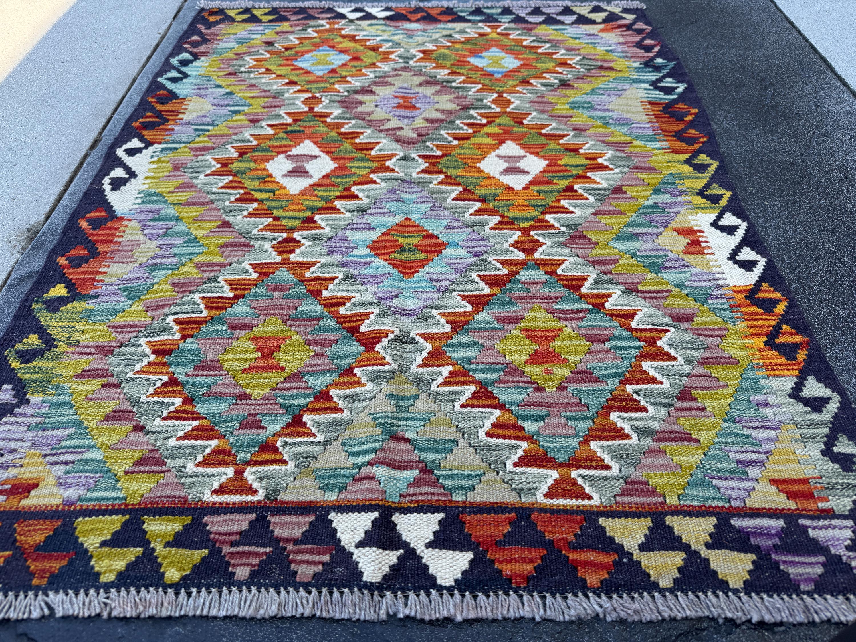 3x3 Handmade Afghan Kilim Rug | Midnight Navy Aqua Baby Blue Chartreuse Green Purple Rust Burnt Orange Crimson Red White Cream Grey | Wool