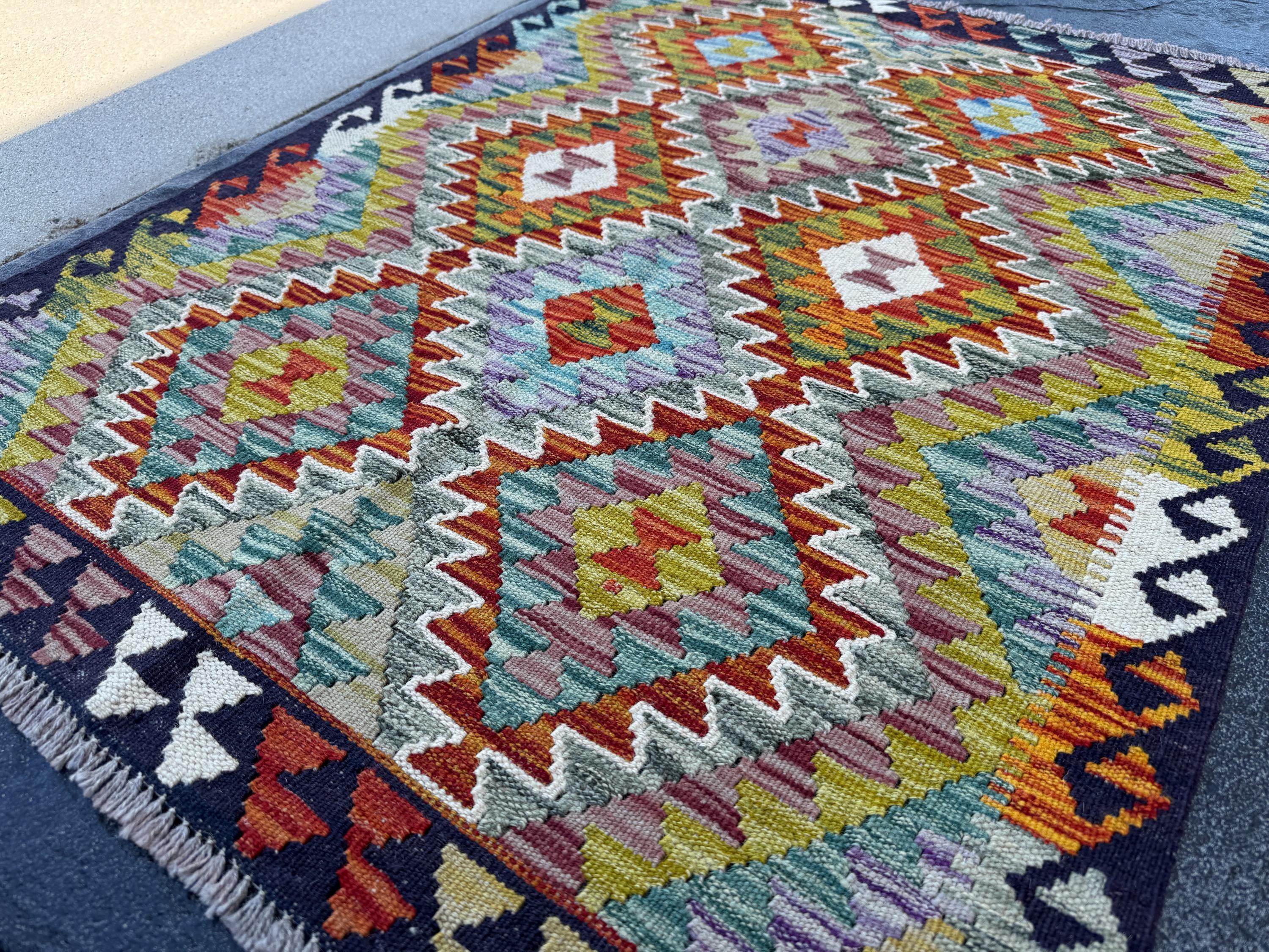3x3 Handmade Afghan Kilim Rug | Midnight Navy Aqua Baby Blue Chartreuse Green Purple Rust Burnt Orange Crimson Red White Cream Grey | Wool
