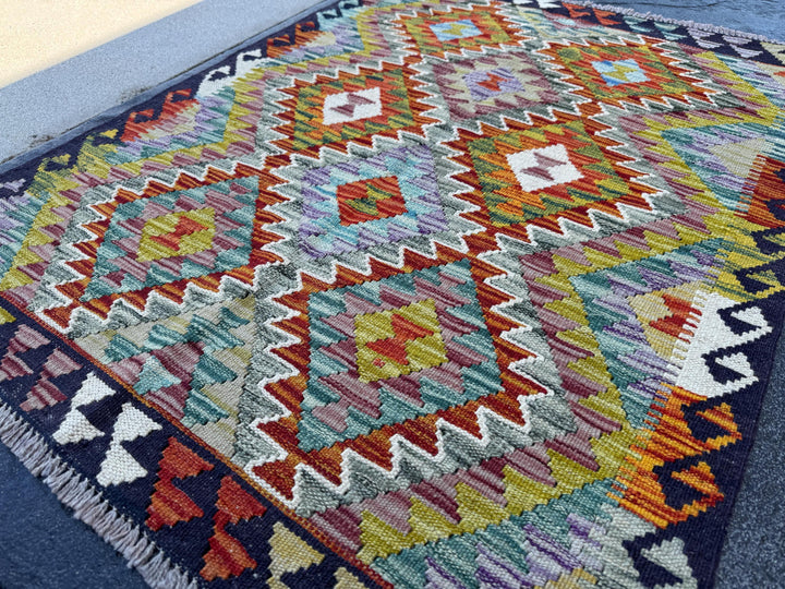 3x3 Handmade Afghan Kilim Rug | Midnight Navy Aqua Baby Blue Chartreuse Green Purple Rust Burnt Orange Crimson Red White Cream Grey | Wool