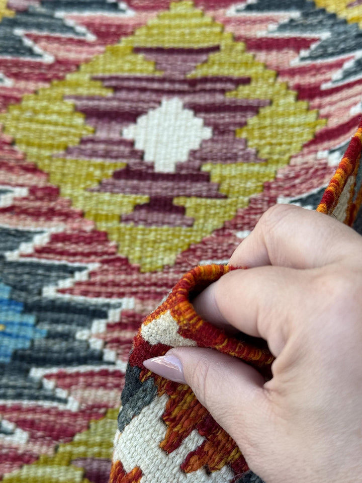 2x5 Handmade Afghan Kilim Runner Rug | Burnt Orange Maroon Brick Blood Red Chartreuse Green Teal Prussian Denim Sky Blue White Cream Purple