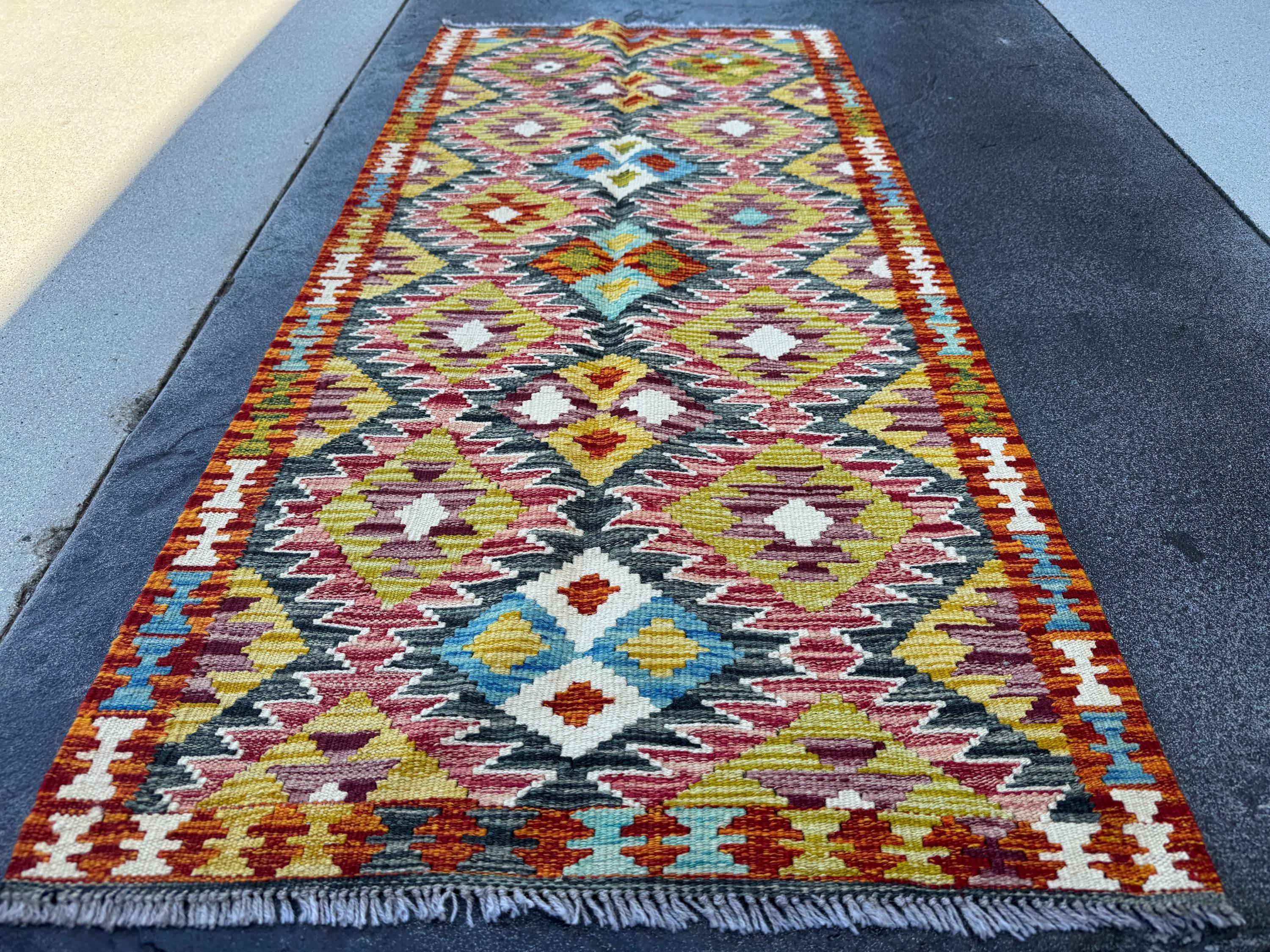 2x5 Handmade Afghan Kilim Runner Rug | Burnt Orange Maroon Brick Blood Red Chartreuse Green Teal Prussian Denim Sky Blue White Cream Purple