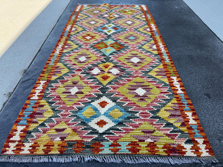 2x5 Handmade Afghan Kilim Runner Rug | Burnt Orange Maroon Brick Blood Red Chartreuse Green Teal Prussian Denim Sky Blue White Cream Purple