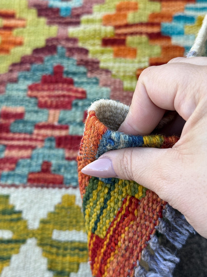 3x5 (91x152) Handmade Afghan Kilim Rug | Cream White Navy Denim Aqua Blue Moss Olive Green Purple Maroon Brick Red Teal Yellow Orange | Wool