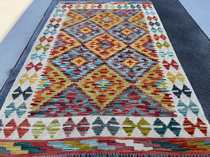 3x5 (91x152) Handmade Afghan Kilim Rug | Cream White Navy Denim Aqua Blue Moss Olive Green Purple Maroon Brick Red Teal Yellow Orange | Wool