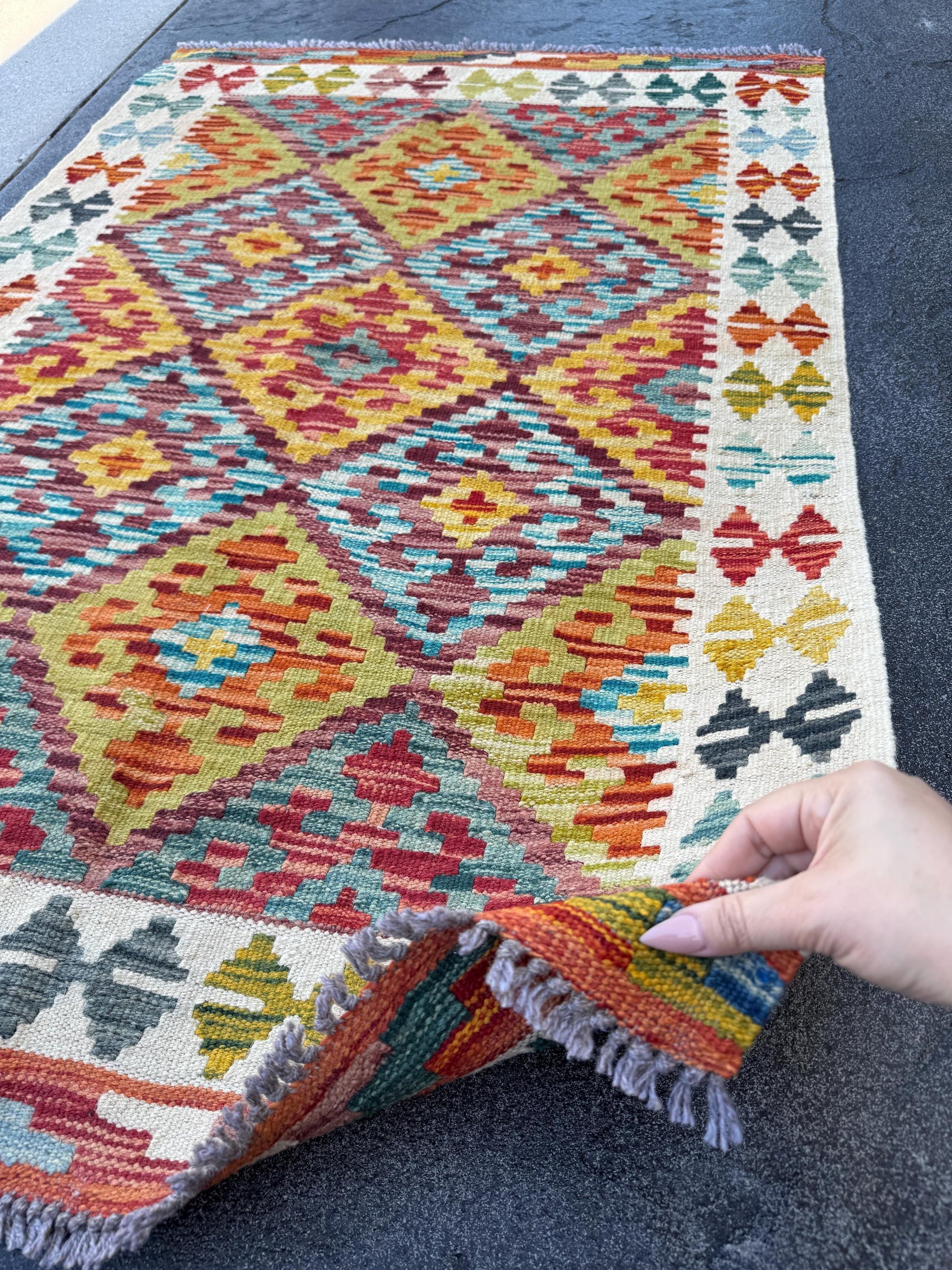 3x5 (91x152) Handmade Afghan Kilim Rug | Cream White Navy Denim Aqua Blue Moss Olive Green Purple Maroon Brick Red Teal Yellow Orange | Wool