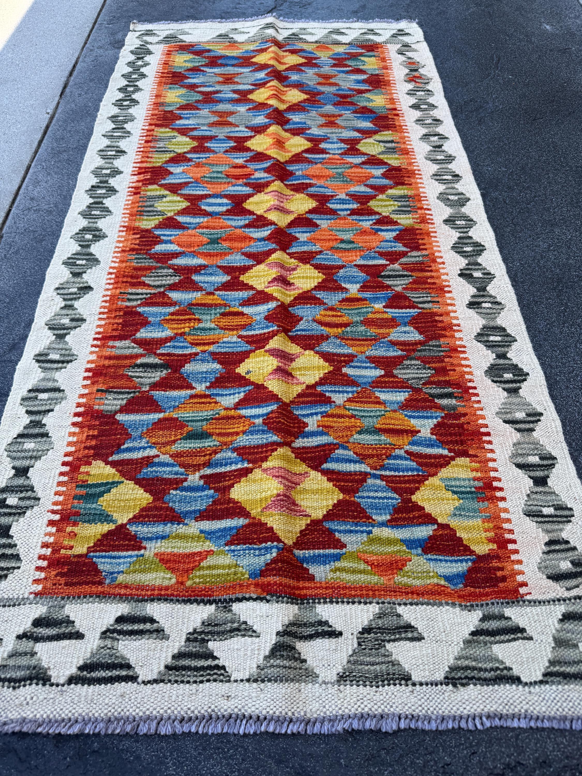 2x5 (61x152) Handmade Afghan Kilim Runner Rug | Cream White Grey Moss Olive Green Burnt Orange Blood Crimson Red Denim Blue Yellow | Wool