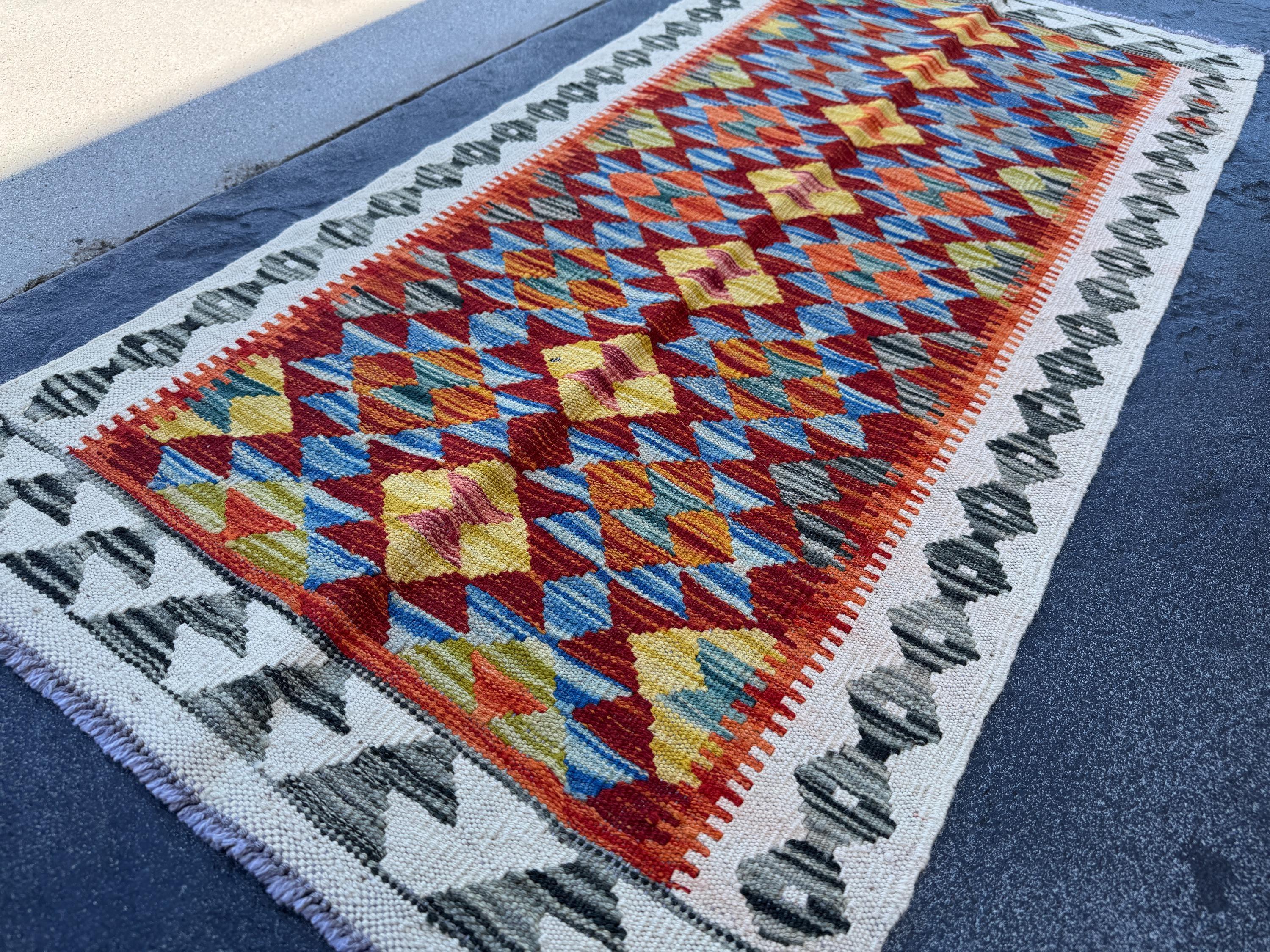 2x5 (61x152) Handmade Afghan Kilim Runner Rug | Cream White Grey Moss Olive Green Burnt Orange Blood Crimson Red Denim Blue Yellow | Wool