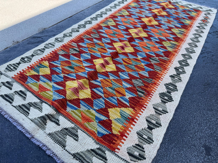 2x5 (61x152) Handmade Afghan Kilim Runner Rug | Cream White Grey Moss Olive Green Burnt Orange Blood Crimson Red Denim Blue Yellow | Wool
