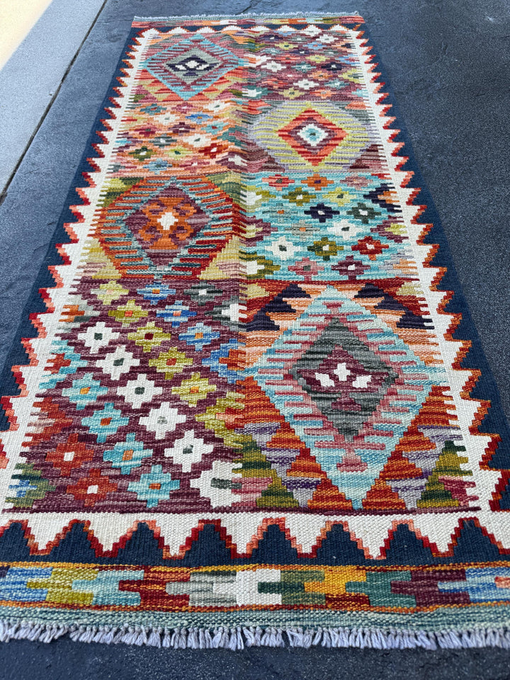 2x5 Handmade Afghan Kilim Rug | Navy Midnight Denim Teal Aqua Blue Burnt Orange Brick Burgundy Red White Cream Plum Purple Grey Black Yellow