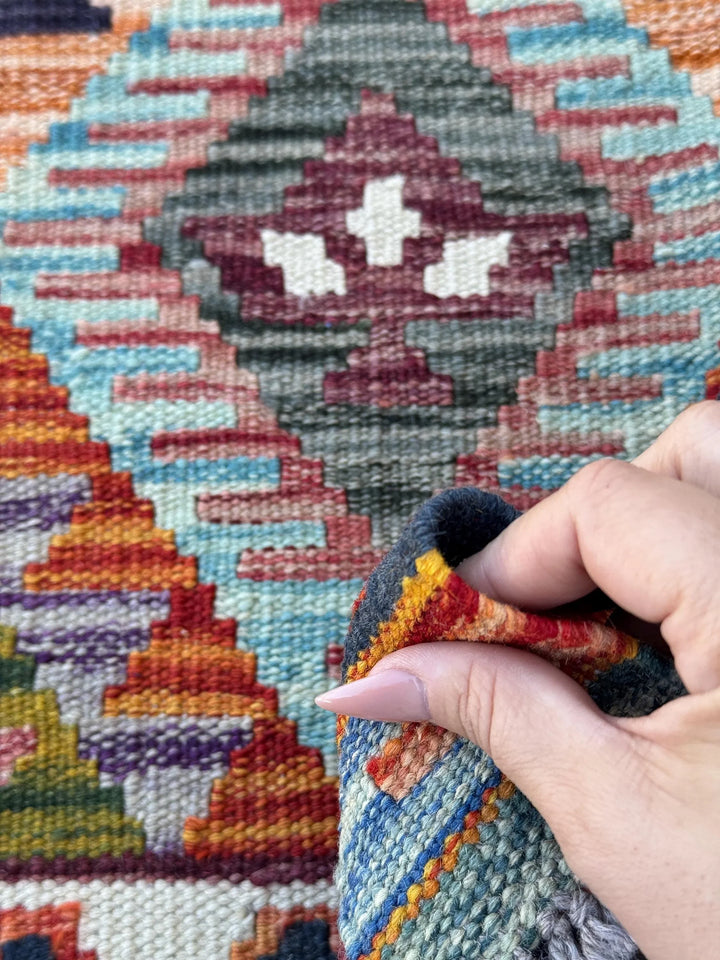2x5 Handmade Afghan Kilim Rug | Navy Midnight Denim Teal Aqua Blue Burnt Orange Brick Burgundy Red White Cream Plum Purple Grey Black Yellow