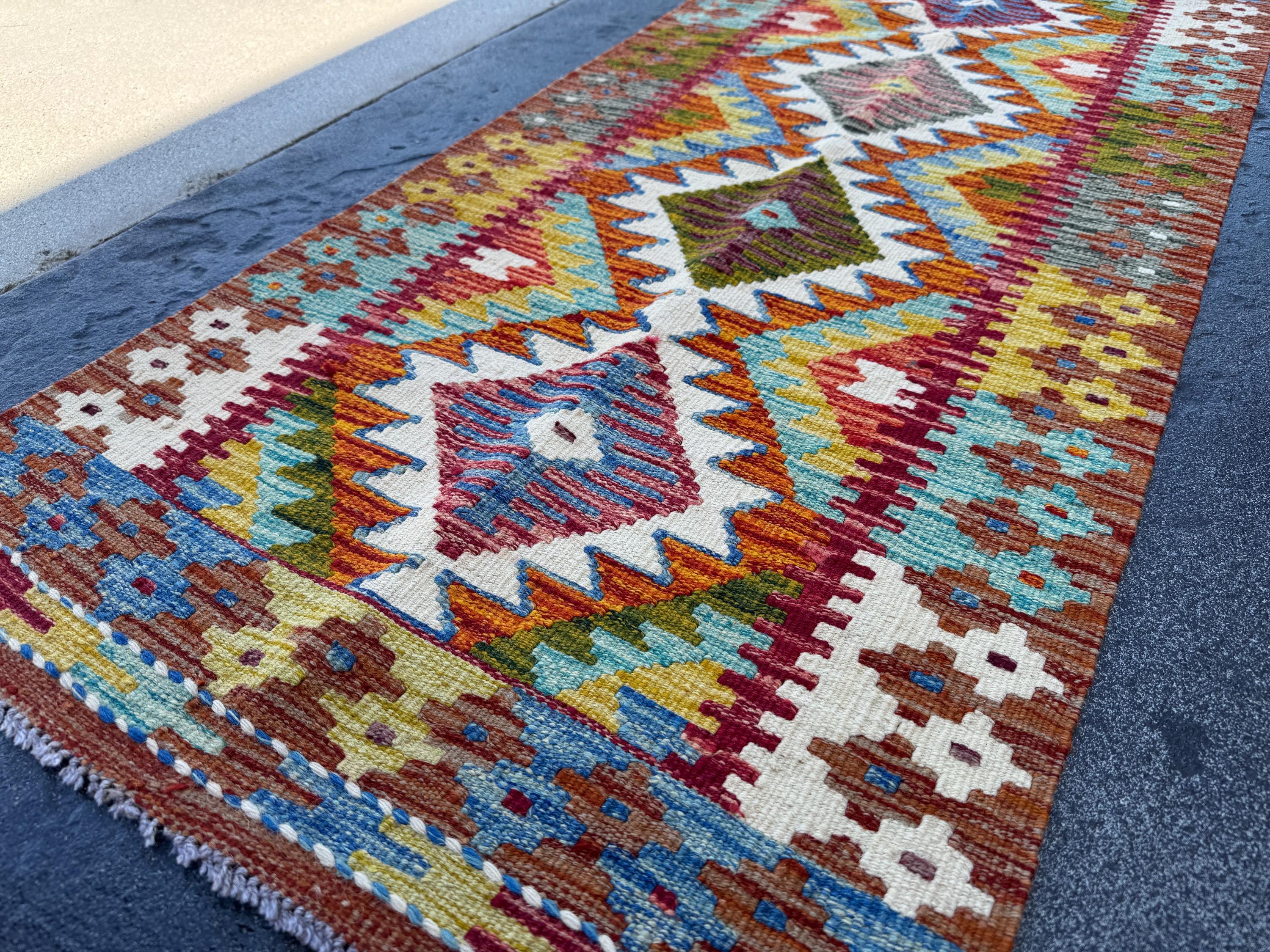 2x5 Handmade Afghan Kilim Runner Rug | Burnt Orange Cream White Olive Moss Green Aqua Teal Mustard Yellow Blood Red Maroon Denim Blue | Wool