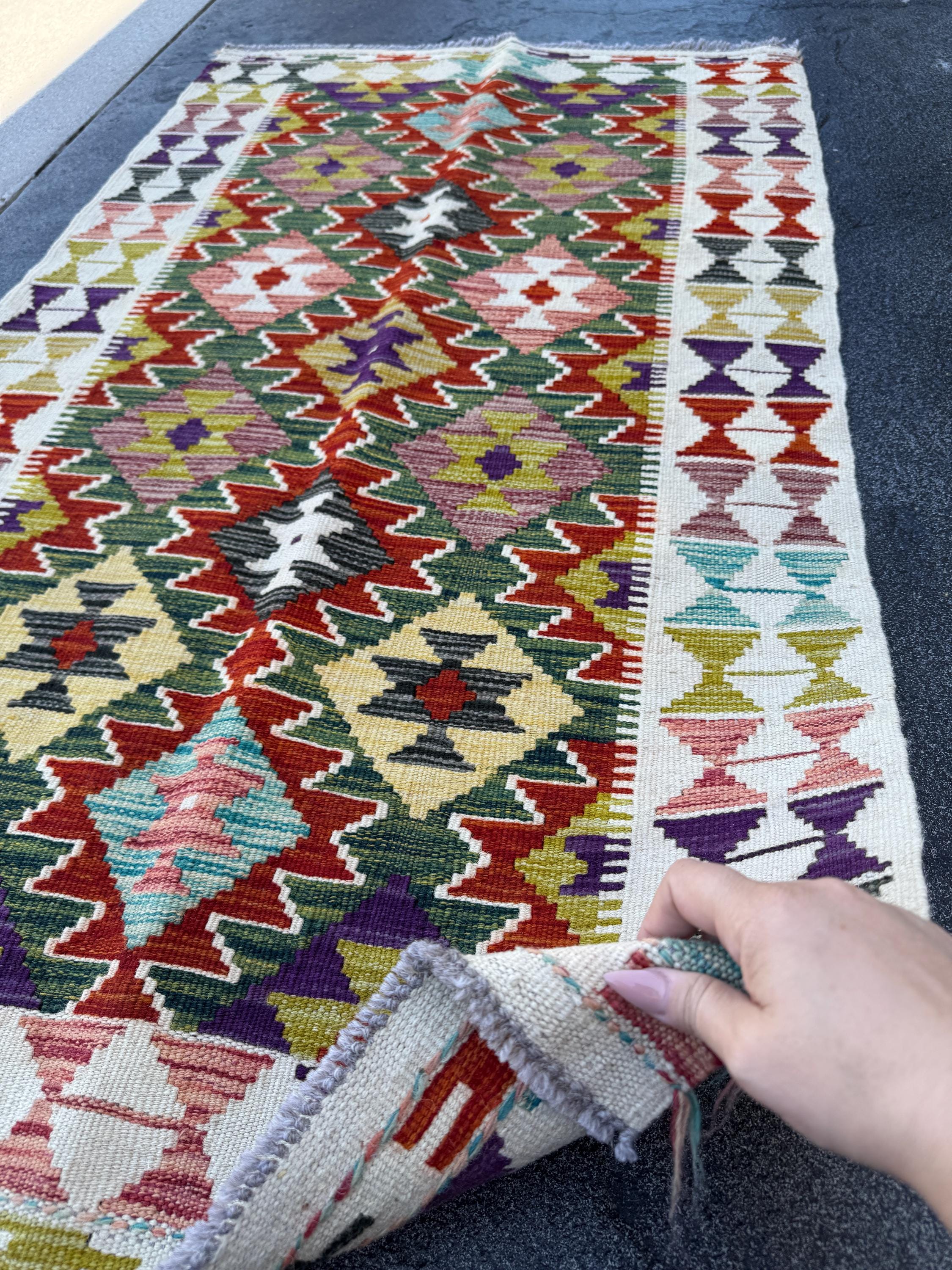 3x5 (91x152) Handmade Afghan Kilim Rug | Cream White Olive Forest Green Beige Charcoal Grey Aqua Teal Maroon Eggplant Purple Red | Flatwoven
