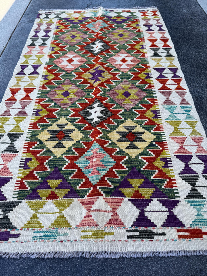 3x5 (91x152) Handmade Afghan Kilim Rug | Cream White Olive Forest Green Beige Charcoal Grey Aqua Teal Maroon Eggplant Purple Red | Flatwoven