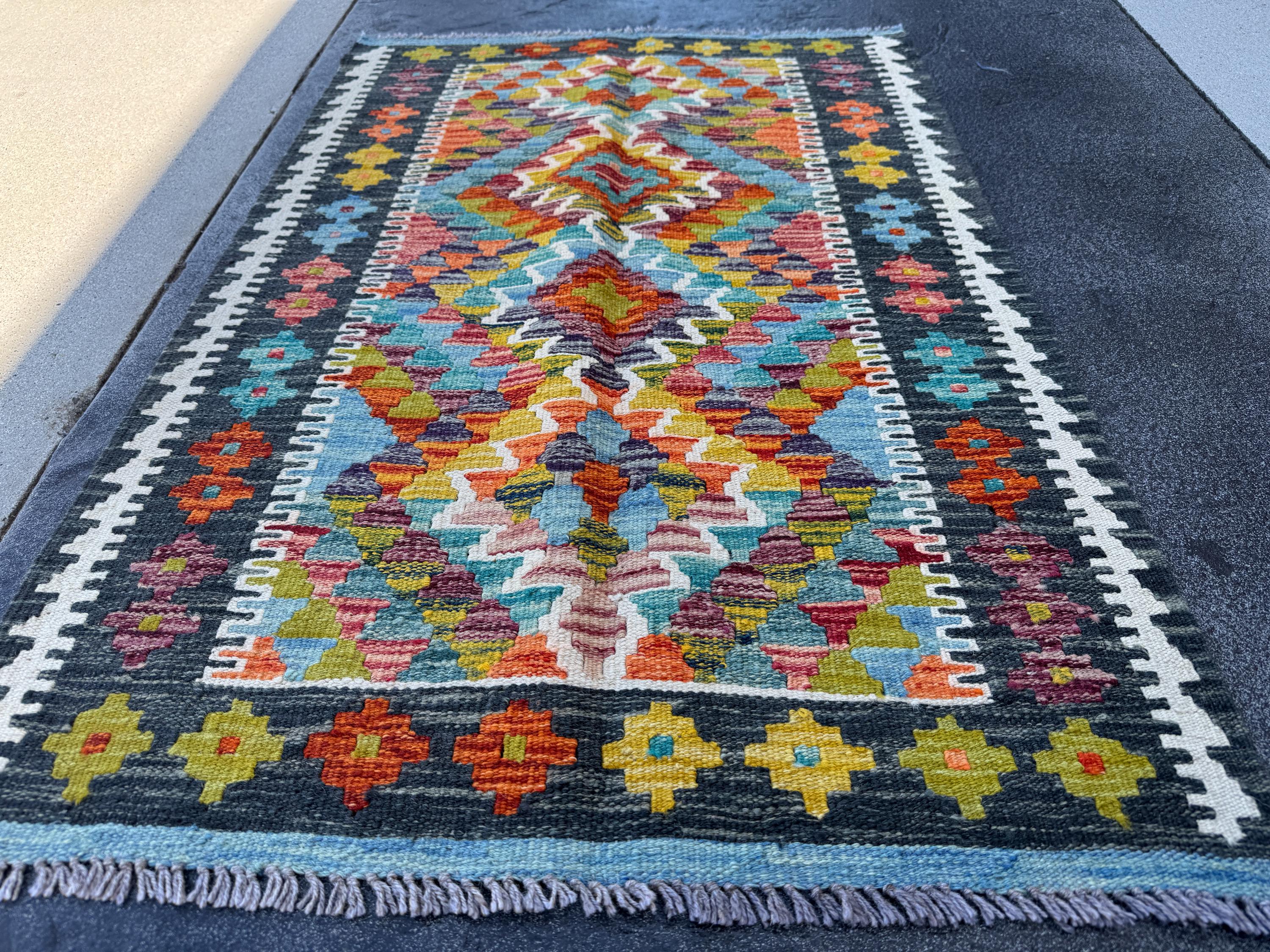 3x4 Handmade Afghan Kilim Rug | Charcoal Grey Burnt Orange Olive Moss Green Aqua Teal Maroon Mustard Yellow Red Denim Blue | Wool Flatwoven