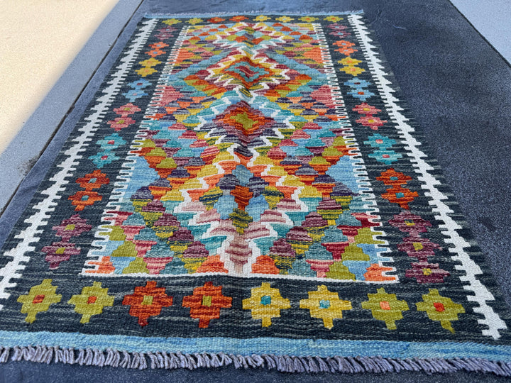 3x4 Handmade Afghan Kilim Rug | Charcoal Grey Burnt Orange Olive Moss Green Aqua Teal Maroon Mustard Yellow Red Denim Blue | Wool Flatwoven