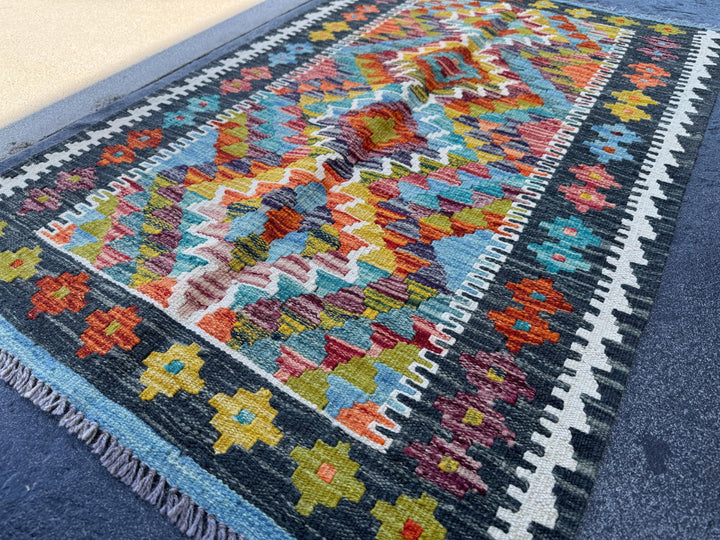 3x4 Handmade Afghan Kilim Rug | Charcoal Grey Burnt Orange Olive Moss Green Aqua Teal Maroon Mustard Yellow Red Denim Blue | Wool Flatwoven