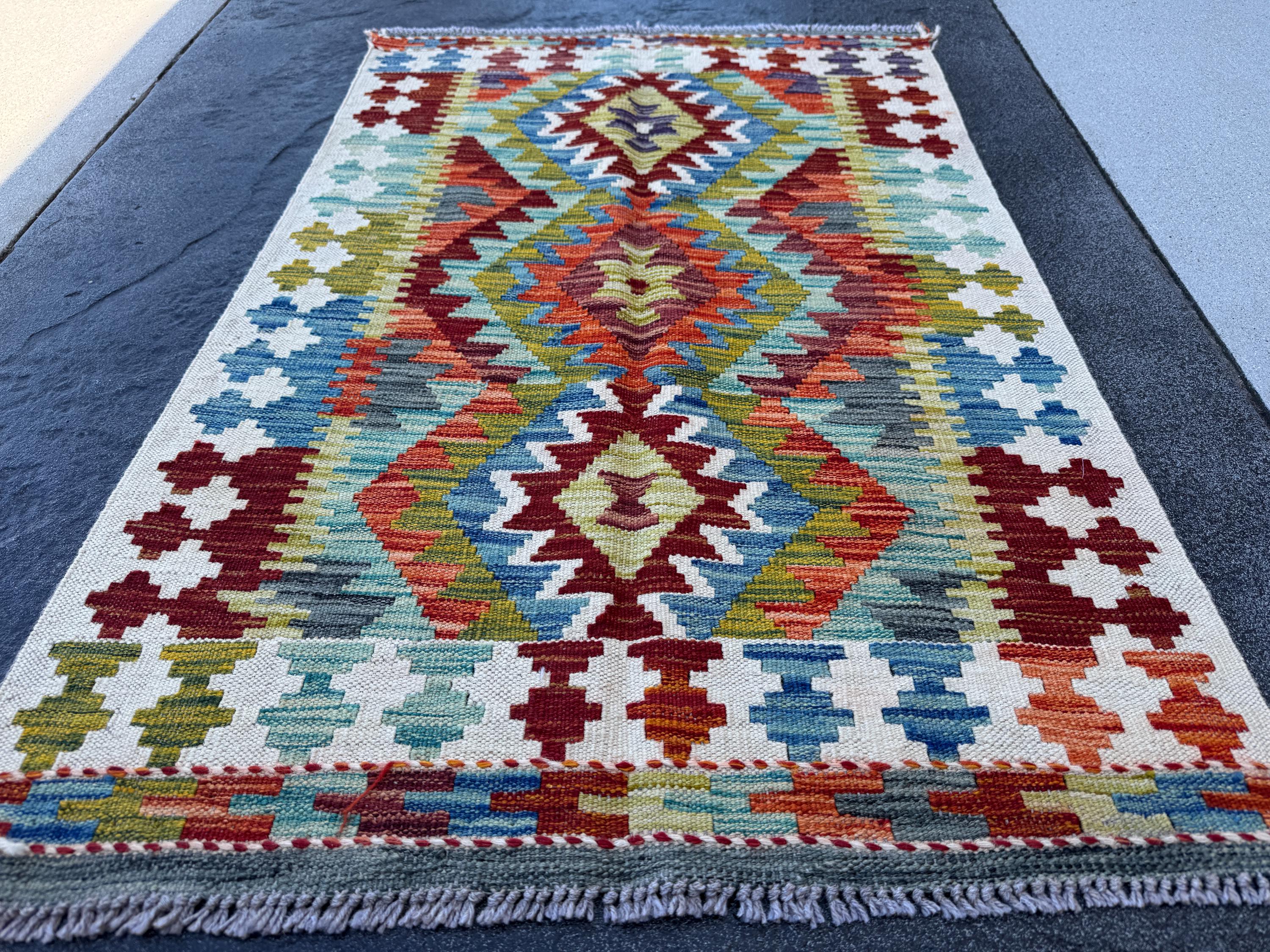 3x4 Handmade Afghan Kilim Rug | Cream White Brick Red Denim Blue Aqua Teal Olive Moss Green Rust Orange Maroon Grey | Wool Flatwoven