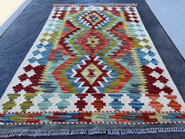3x4 Handmade Afghan Kilim Rug | Cream White Brick Red Denim Blue Aqua Teal Olive Moss Green Rust Orange Maroon Grey | Wool Flatwoven