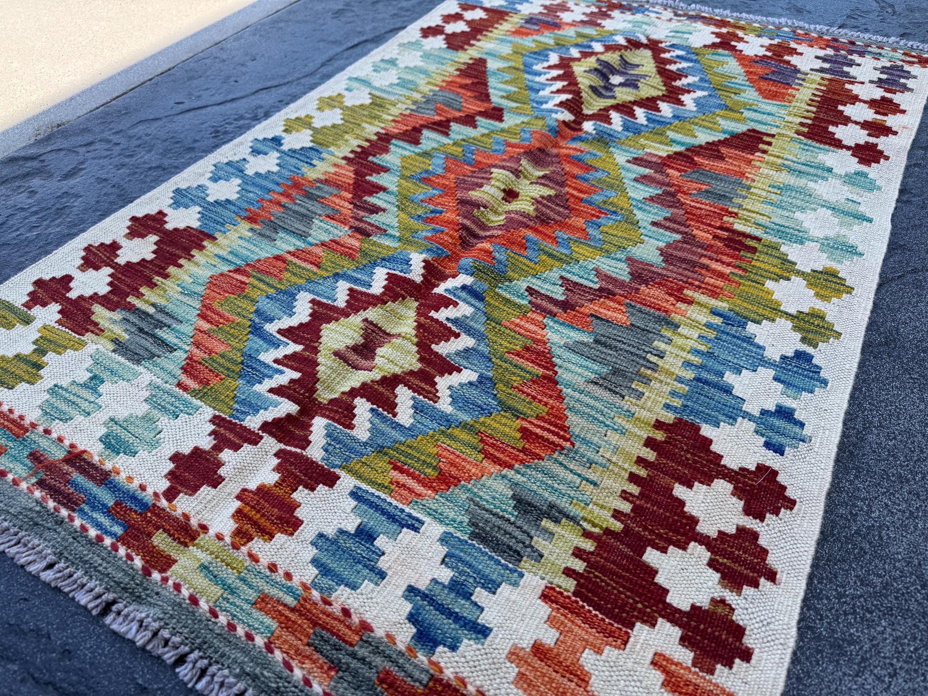 3x4 Handmade Afghan Kilim Rug | Cream White Brick Red Denim Blue Aqua Teal Olive Moss Green Rust Orange Maroon Grey | Wool Flatwoven
