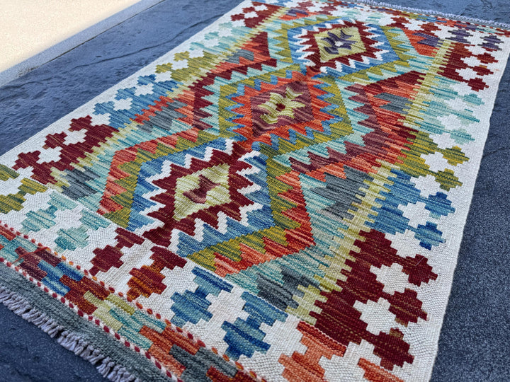 3x4 Handmade Afghan Kilim Rug | Cream White Brick Red Denim Blue Aqua Teal Olive Moss Green Rust Orange Maroon Grey | Wool Flatwoven