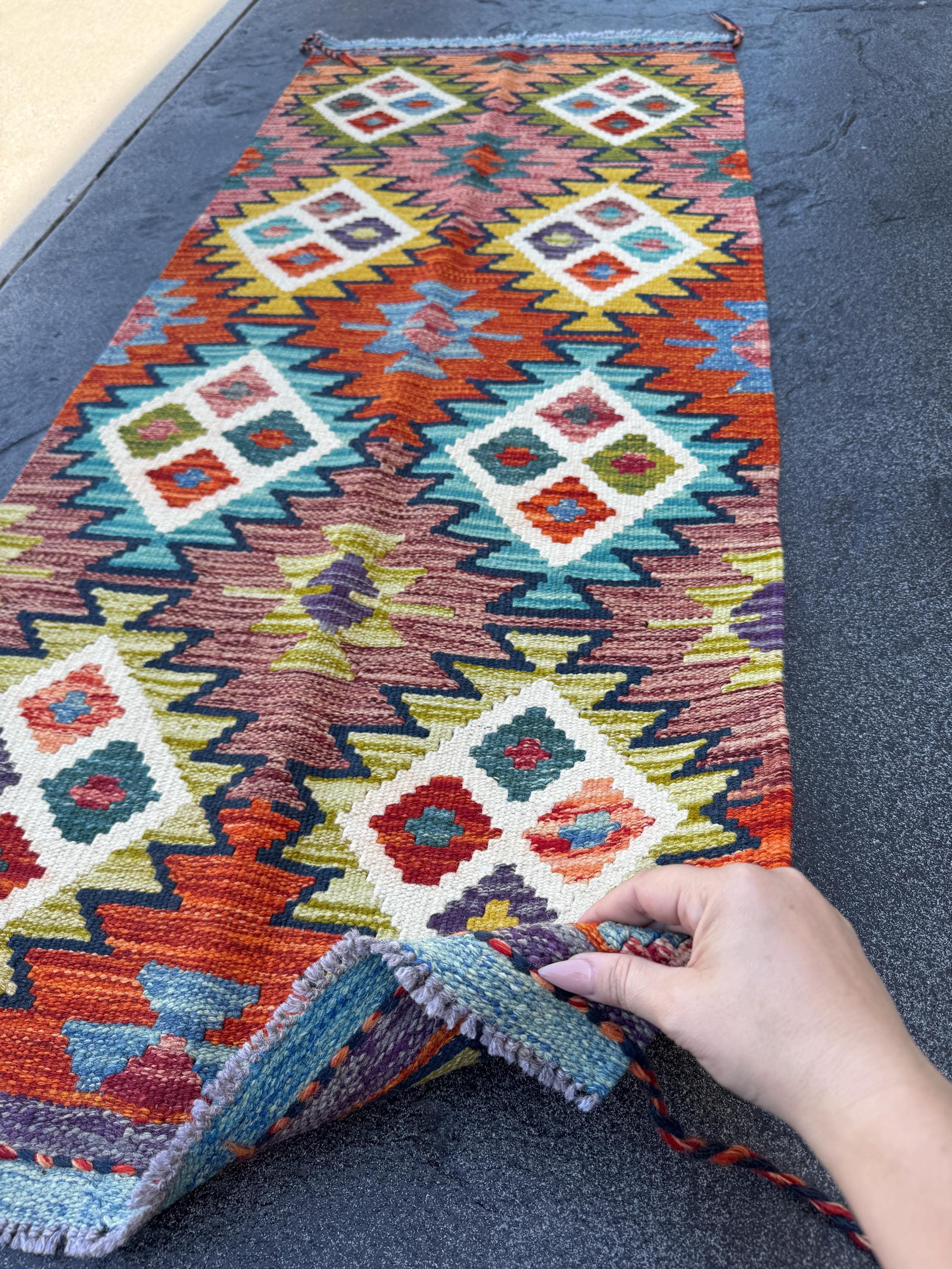 2x5 Handmade Afghan Kilim Runner Rug | Burnt Orange Aqua Teal Olive Green Mustard Brick Red Cream White Forest Purple | Wool Flatwoven