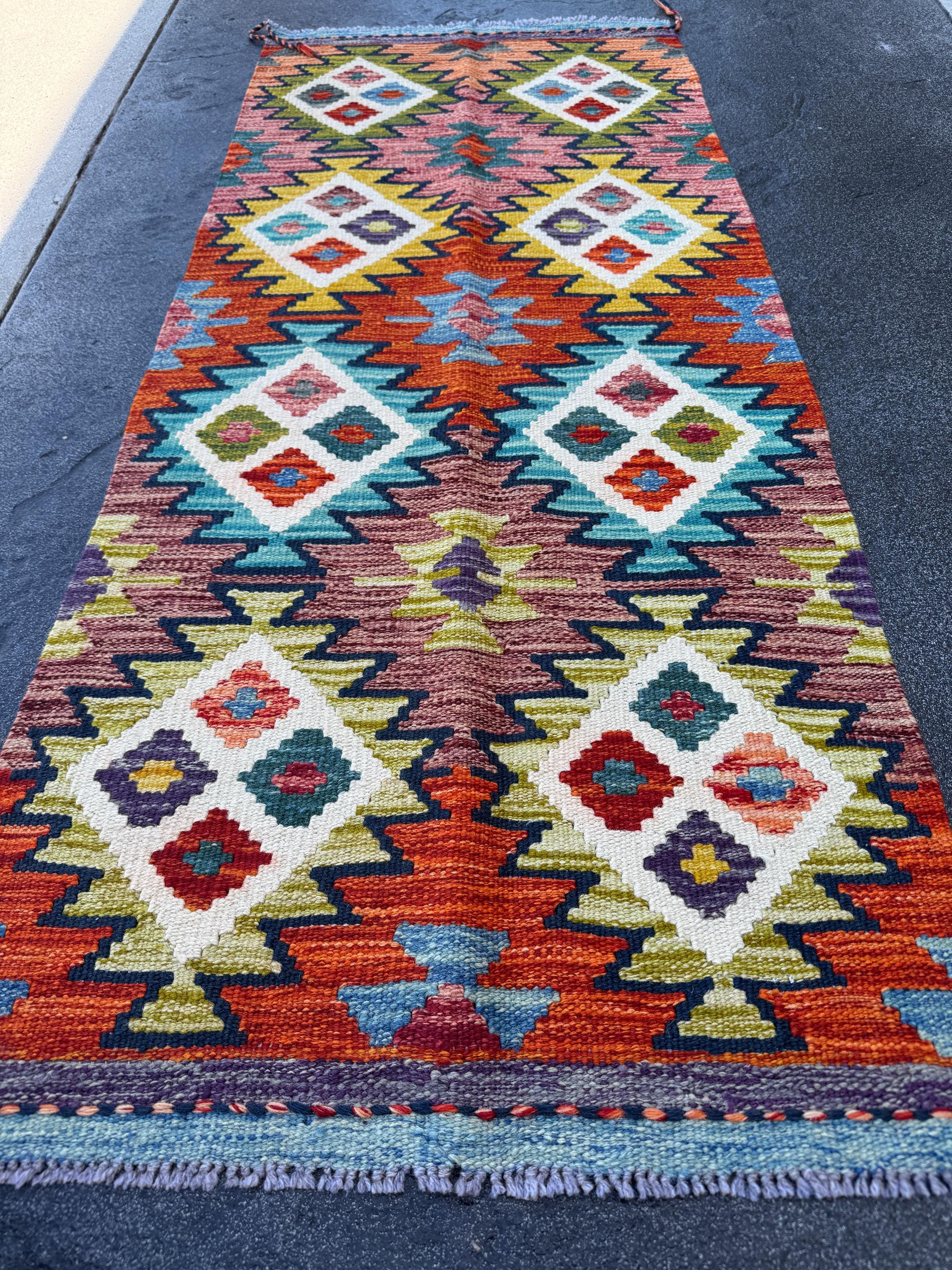 2x5 Handmade Afghan Kilim Runner Rug | Burnt Orange Aqua Teal Olive Green Mustard Brick Red Cream White Forest Purple | Wool Flatwoven