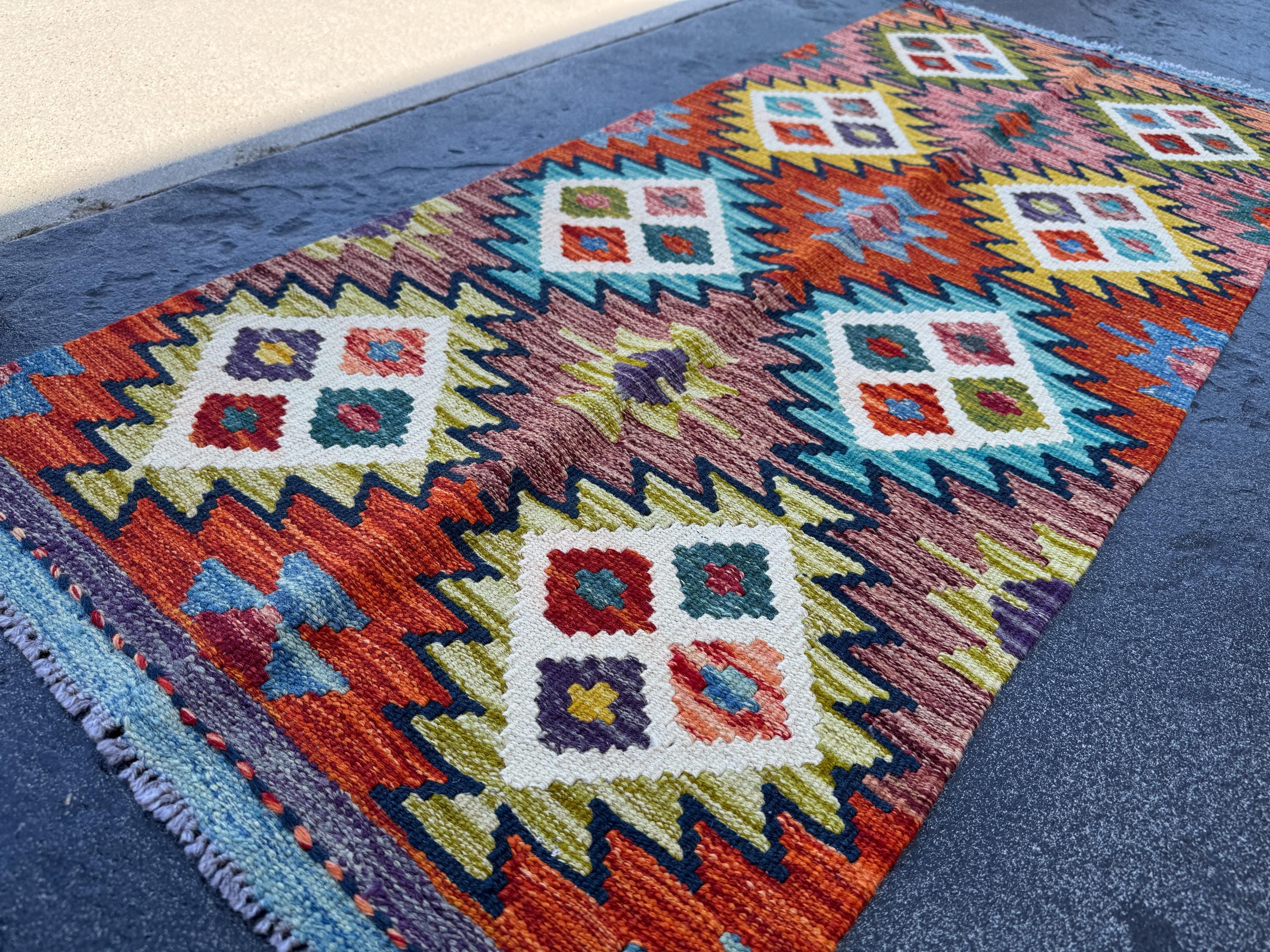 2x5 Handmade Afghan Kilim Runner Rug | Burnt Orange Aqua Teal Olive Green Mustard Brick Red Cream White Forest Purple | Wool Flatwoven
