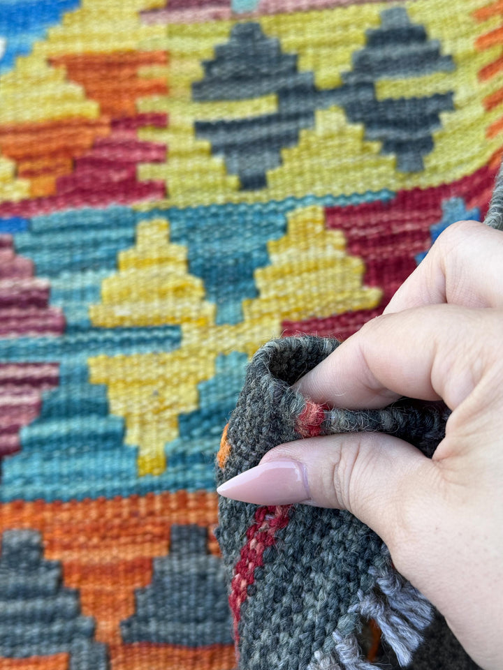 3x4 Handmade Afghan Kilim Rug | Charcoal Grey Denim Navy Blue Brick Red Cream White Mustard Yellow Teal Aqua Olive Green | Wool Flatwoven