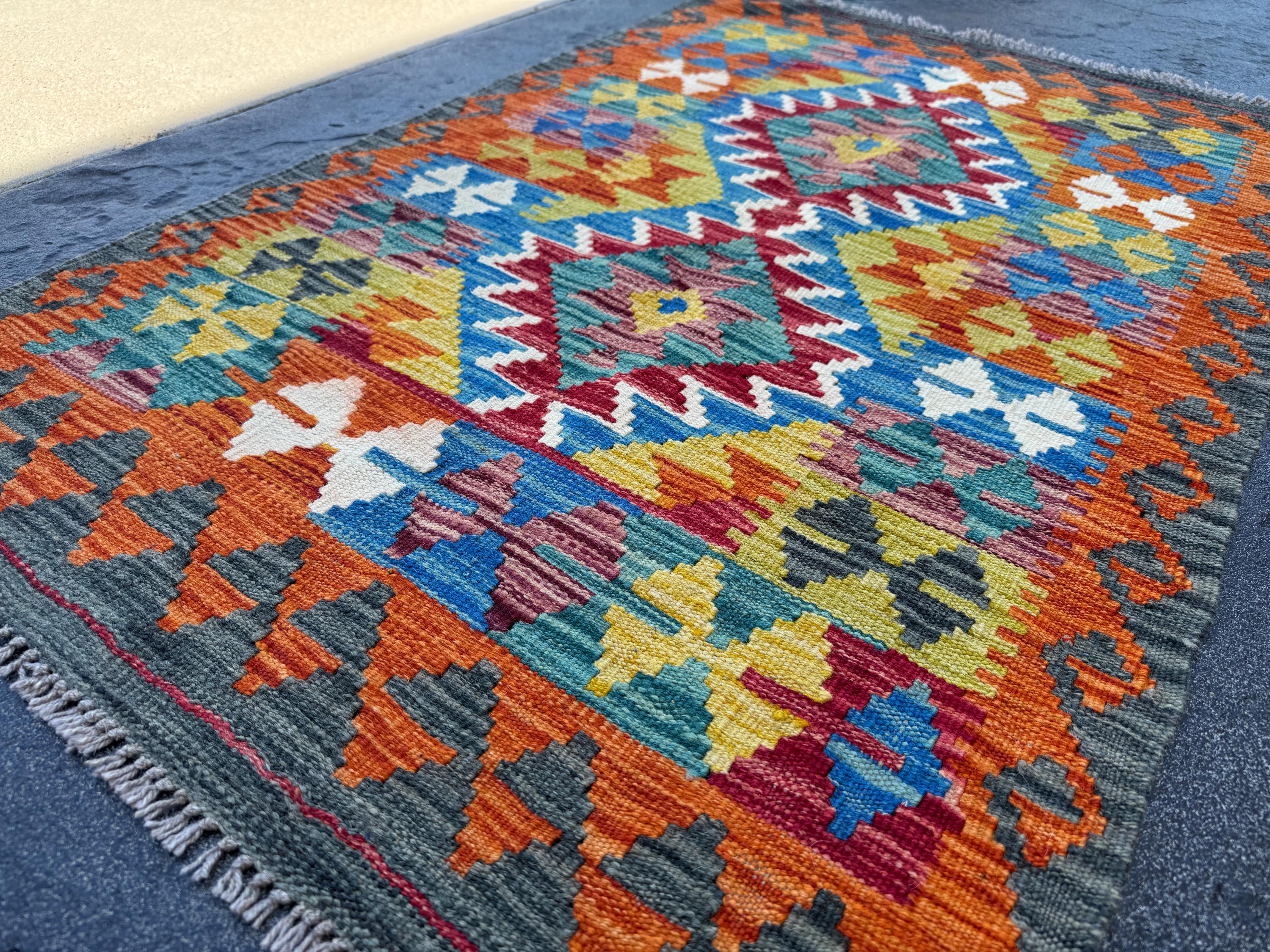 3x4 Handmade Afghan Kilim Rug | Charcoal Grey Denim Navy Blue Brick Red Cream White Mustard Yellow Teal Aqua Olive Green | Wool Flatwoven