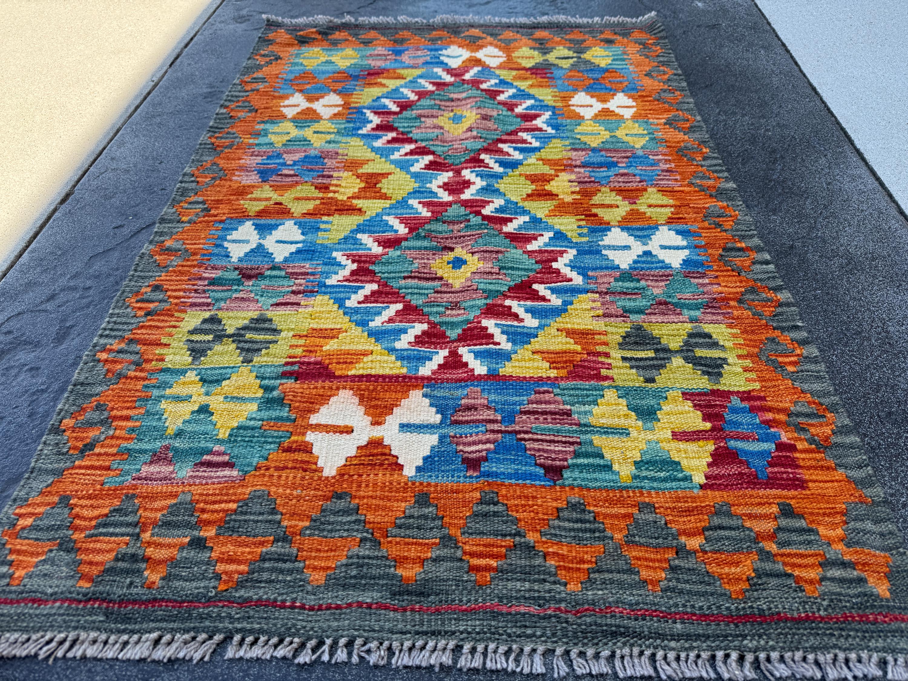 3x4 Handmade Afghan Kilim Rug | Charcoal Grey Denim Navy Blue Brick Red Cream White Mustard Yellow Teal Aqua Olive Green | Wool Flatwoven