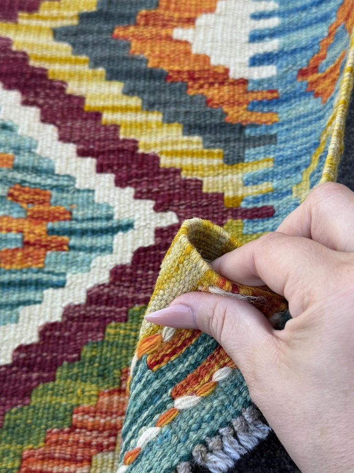 2x5 Handmade Afghan Kilim Runner Rug | Olive Green Maroon Aqua Teal Cream White Burnt Orange Denim Blue Charcoal Grey | Wool Flatwoven