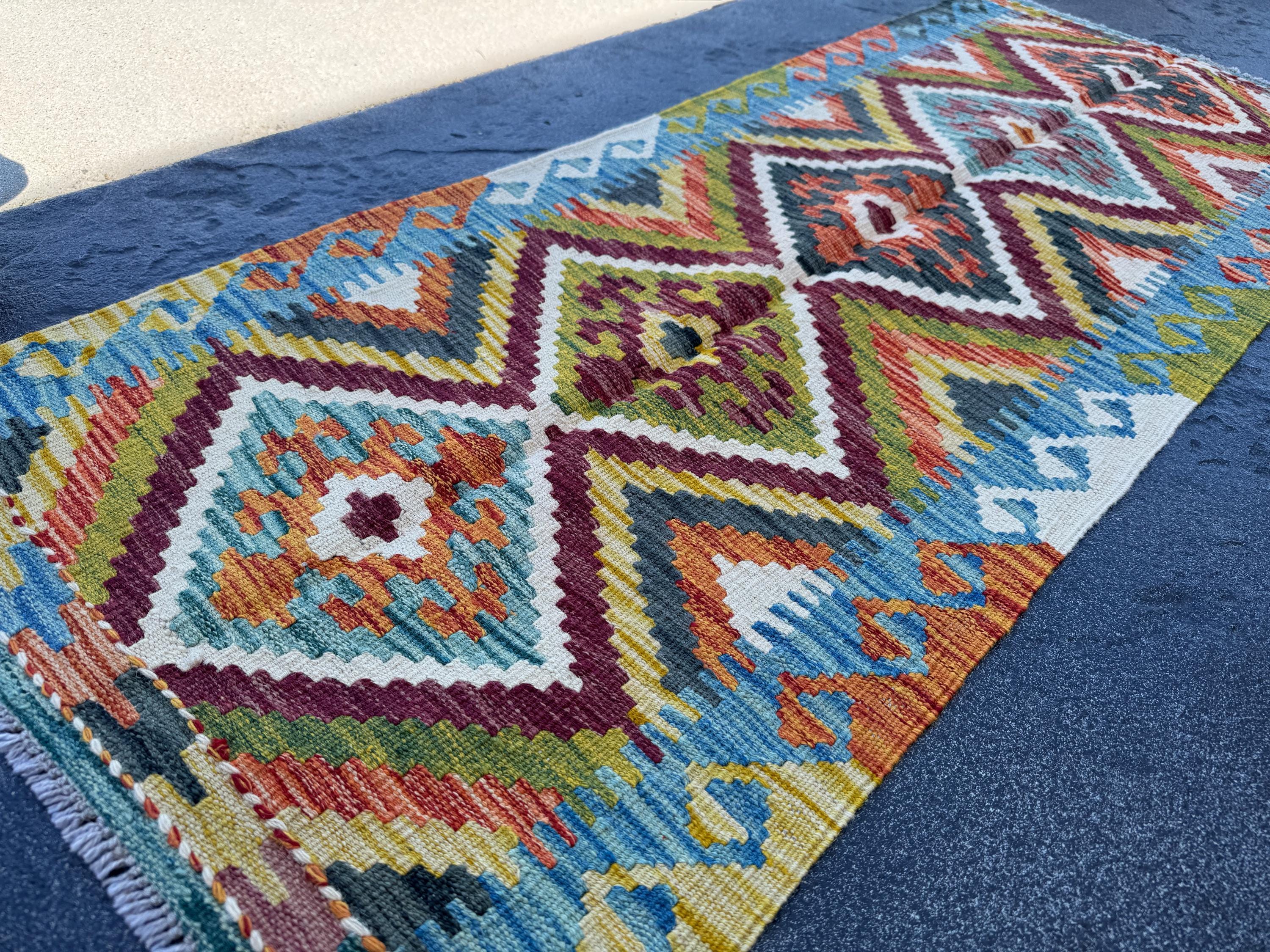 2x5 Handmade Afghan Kilim Runner Rug | Olive Green Maroon Aqua Teal Cream White Burnt Orange Denim Blue Charcoal Grey | Wool Flatwoven