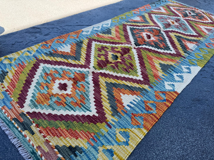 2x5 Handmade Afghan Kilim Runner Rug | Olive Green Maroon Aqua Teal Cream White Burnt Orange Denim Blue Charcoal Grey | Wool Flatwoven