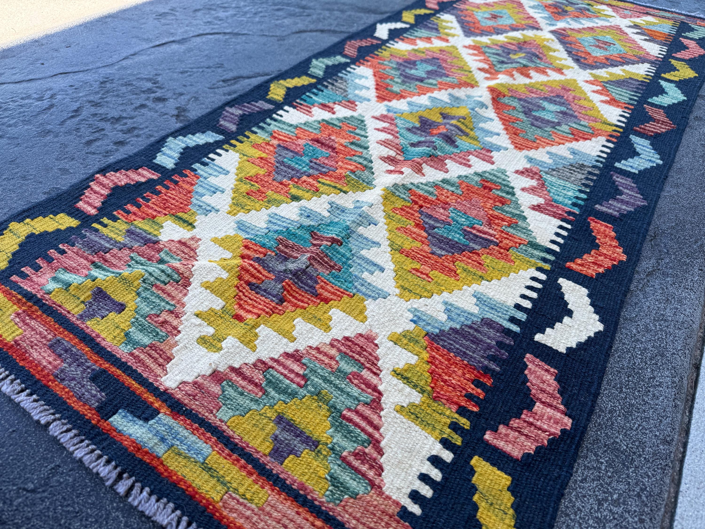 2x5 Handmade Afghan Kilim Runner Rug | Cream White Aqua Teal Denim Blue Charcoal Grey Mustard Gold Midnight Chocolate | Wool Flatwoven
